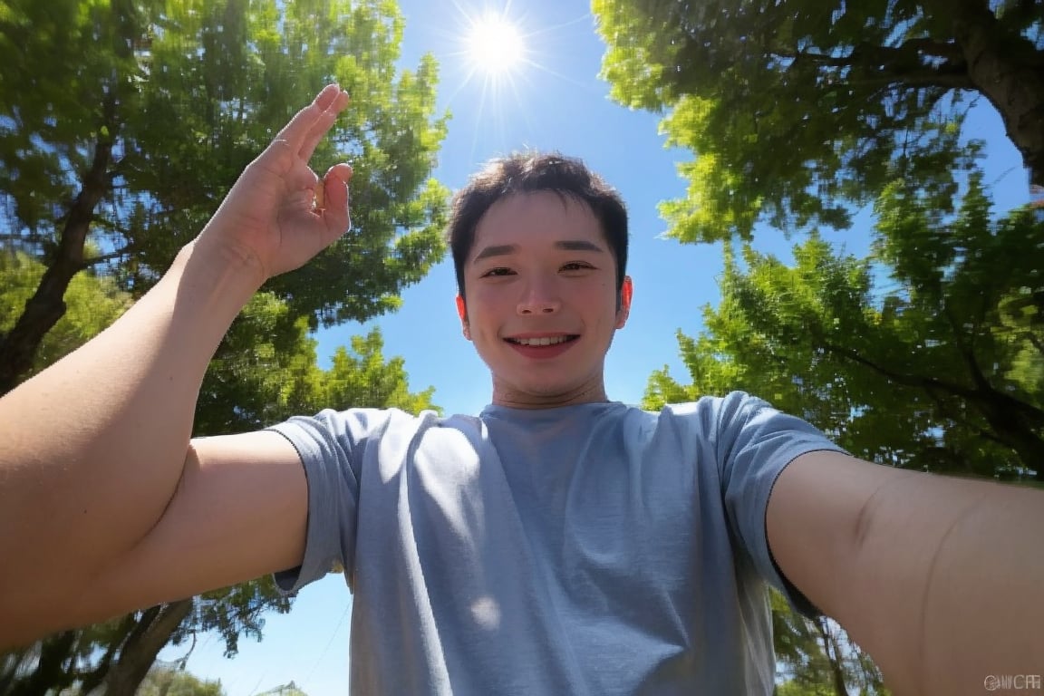 Masterpiece, top quality, high definition, artistic composition, 1 boy, upper body, composition from below, smiling, cotton shirt, looking at me, blue sky, sunlight through trees, casual, portrait, warm, reaching out,rnhg