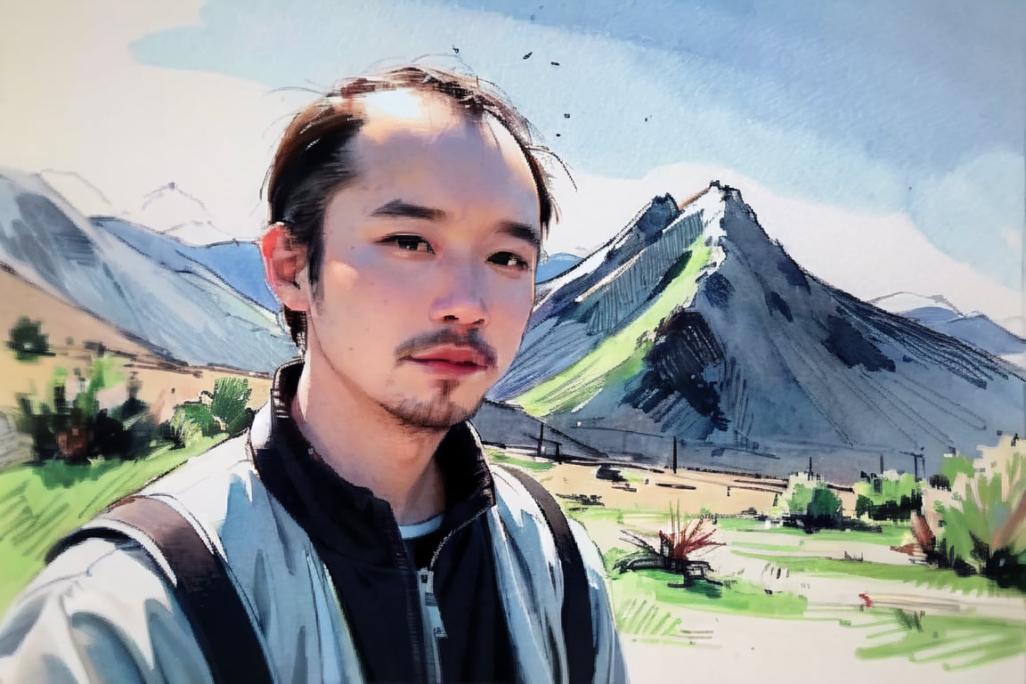 solo, looking at viewer, black hair, 1boy, closed mouth, upper body, male focus, summit, landscape, mountain range, clear sky,  backpack, windbreaker, traditional media, facing viewer, realistic, rnhg ,sketch art,watercolor,rha30,fujimotostyle, (Thinning hair baldness)