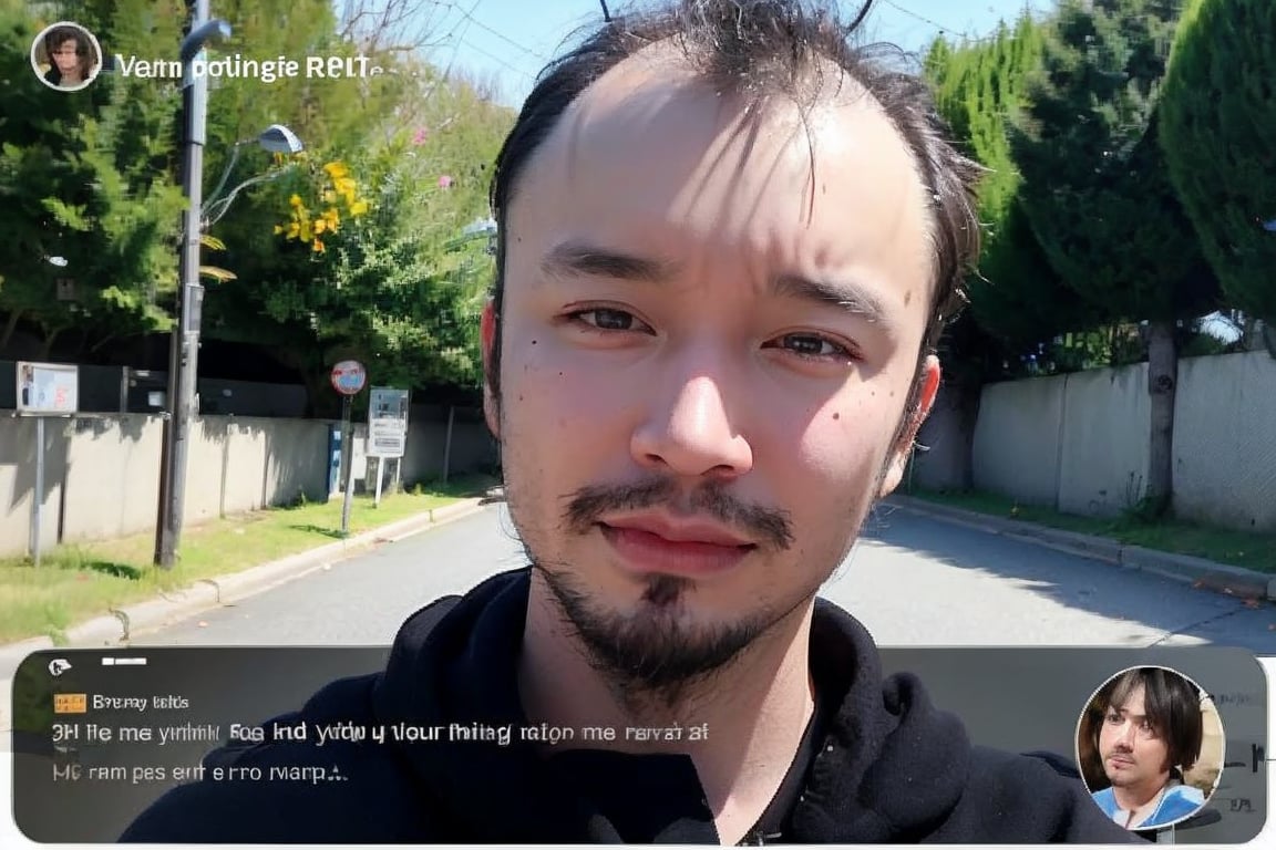 1boy, solo, brown eyes, portrait, looking at viewer, rnhg, (Thinning hair baldness), fake screenshot, phone screen, 
 RGB, male streamer, (live chat overlay), En plein air, External distribution, Massive Comments