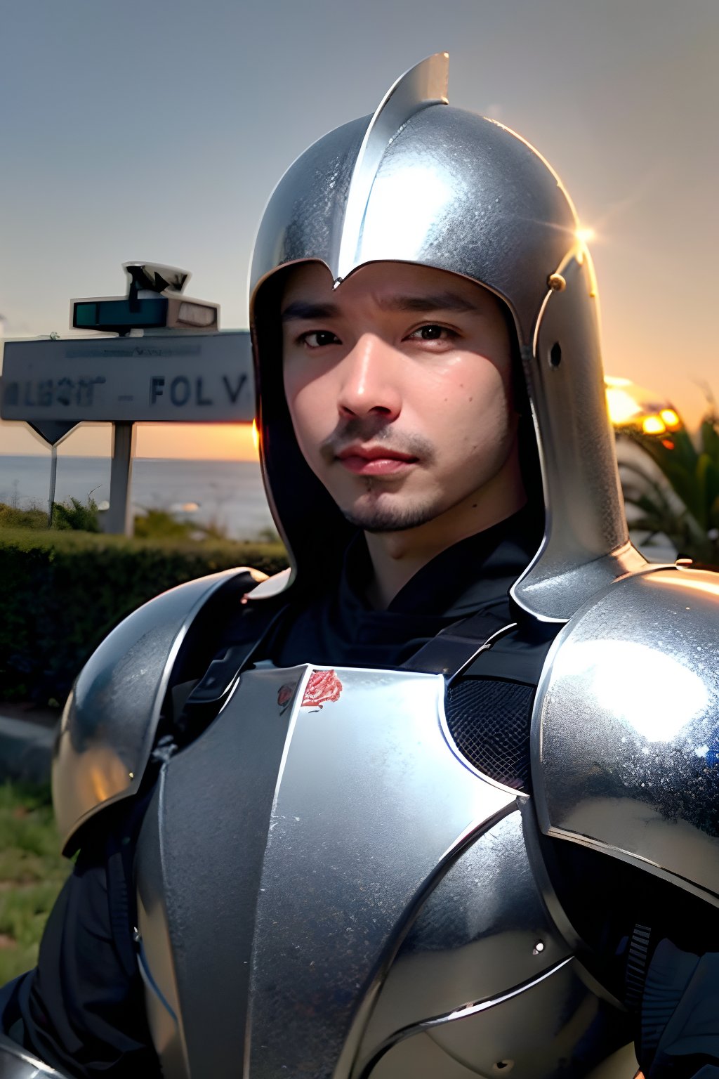 1boy, solo, brown eyes, portrait, looking at viewer, rnhg, holy shield, silver armor, solemn expression, sunset background, paladin shrouded in light, cross emblem