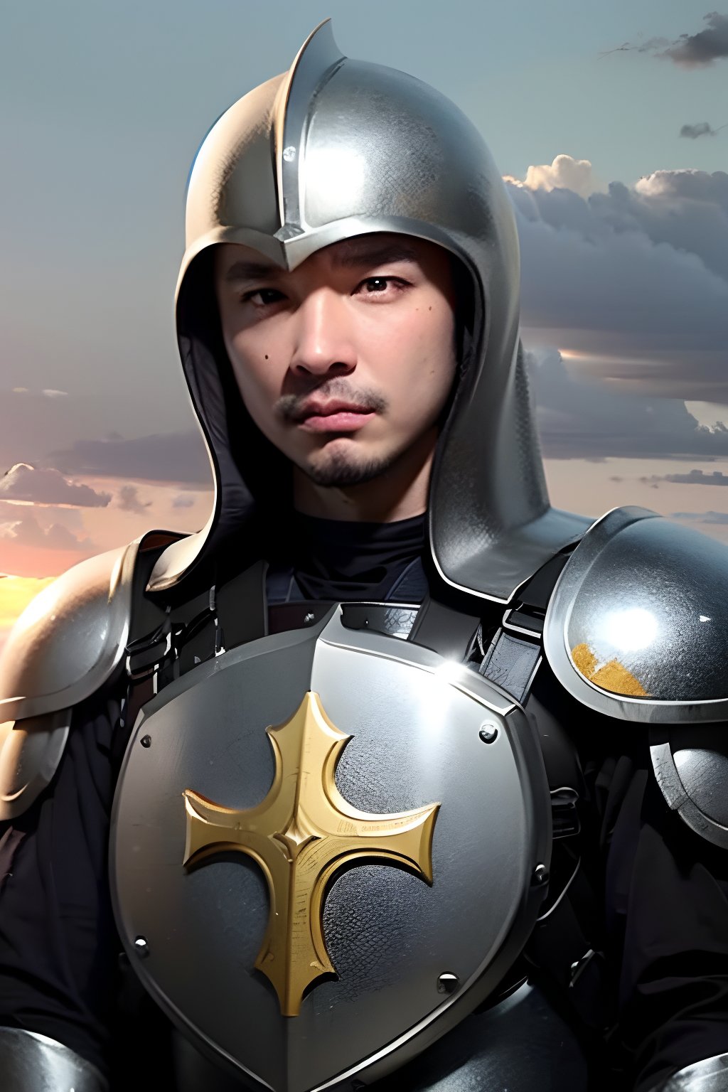 1boy, solo, brown eyes, portrait, looking at viewer, rnhg, holy shield, silver armor, solemn expression, sunset background, paladin shrouded in light, cross emblem