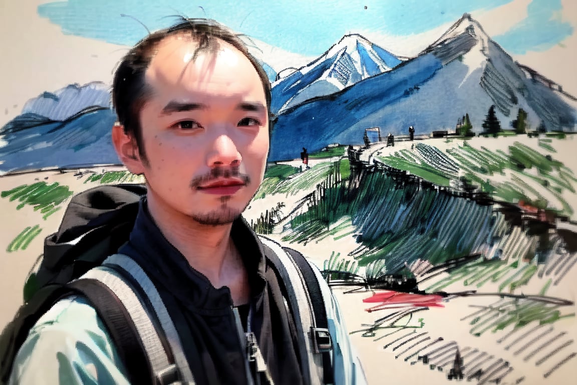 solo, looking at viewer, black hair, 1boy, closed mouth, upper body, male focus, summit, landscape, mountain range, clear sky,  backpack, windbreaker, traditional media, facing viewer, realistic, rnhg ,sketch art,watercolor,rha30,fujimotostyle, (Thinning hair baldness)