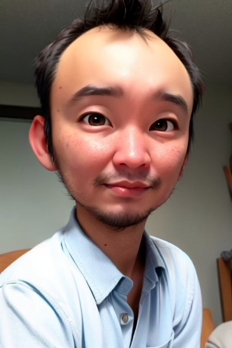 1boy, solo, looking at viewer, simple background, shirt, brown eyes, upper body, lips, portrait, (thin hair), wide forehead, little bald, short hair, rnhg