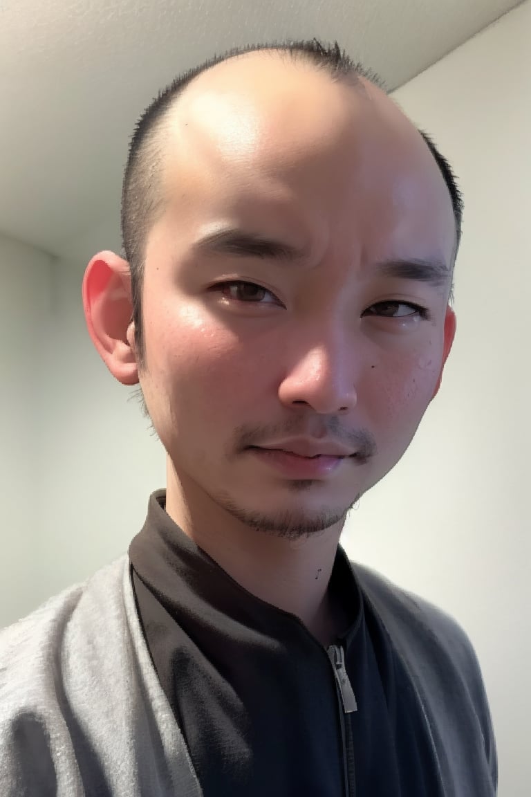 1boy, solo, looking at viewer, simple background, shirt, brown eyes, upper body, lips, portrait, (thin hair), wide forehead, little bald, short hair, rnhg