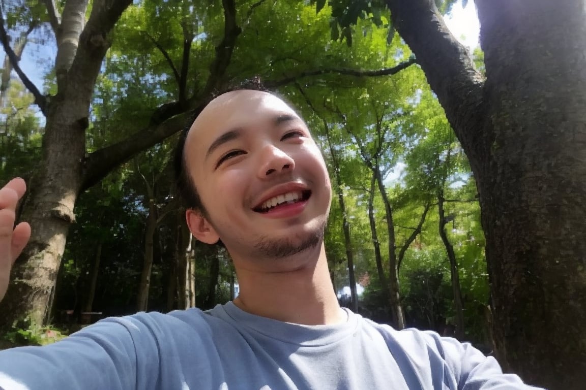 Masterpiece, top quality, high definition, artistic composition, 1 boy, upper body, composition from below, smiling, cotton shirt, looking at me, blue sky, sunlight through trees, casual, portrait, warm, reaching out,rnhg, Baldness, thinning hair