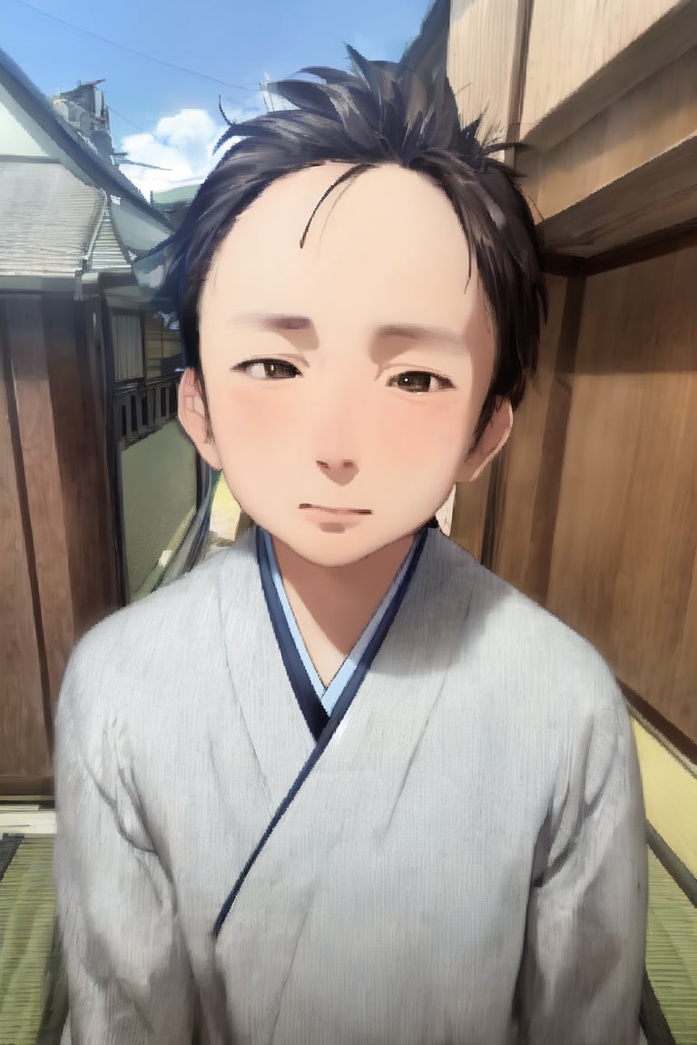 1boy, solo, looking at viewer, simple background, shirt, brown eyes, upper body, lips, portrait, (thin hair), wide forehead, short hair, rnhg,(masterpiece), scenery, ((Kyoto Animation Style))