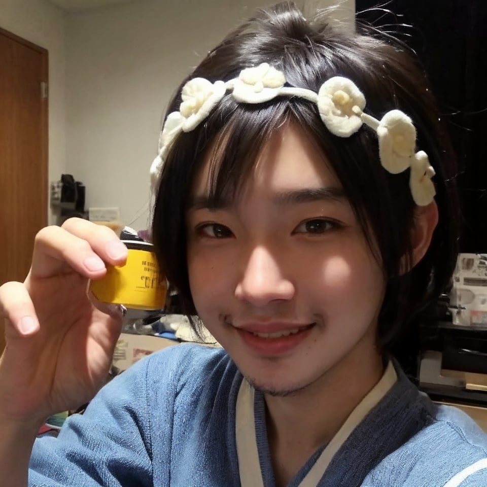 4k,best quality,masterpiece,20yo 1boy,(traditional Japanese costume, alluring smile, head ornaments 

(Beautiful and detailed eyes),
Detailed face, detailed eyes, double eyelids ,thin face, real hands, muscular fit body, semi visible abs, ((short hair locks:1.2)), black hair, black background,


real person, color splash style photo,
