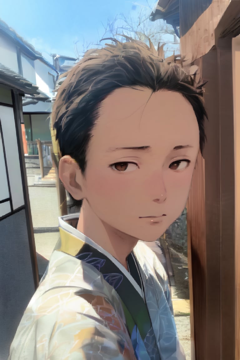 1boy, solo, looking at viewer, simple background, shirt, brown eyes, upper body, lips, portrait, (thin hair), wide forehead, short hair, rnhg,(masterpiece), scenery, ((Kyoto Animation Style))