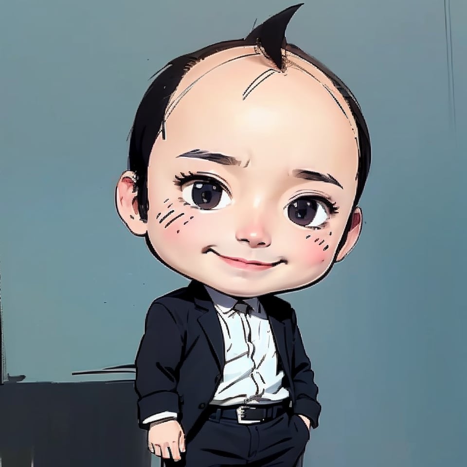 1boy, chibi, parody style, ((masterpiece, best quality)), blush, blush sticker, solo, smiling, staring at the viewer, cowboy shot, cinematic composition, contrapposto, simple background, white background, Erdmeisterg style, sks style, sketch art, Thinning hair and baldness