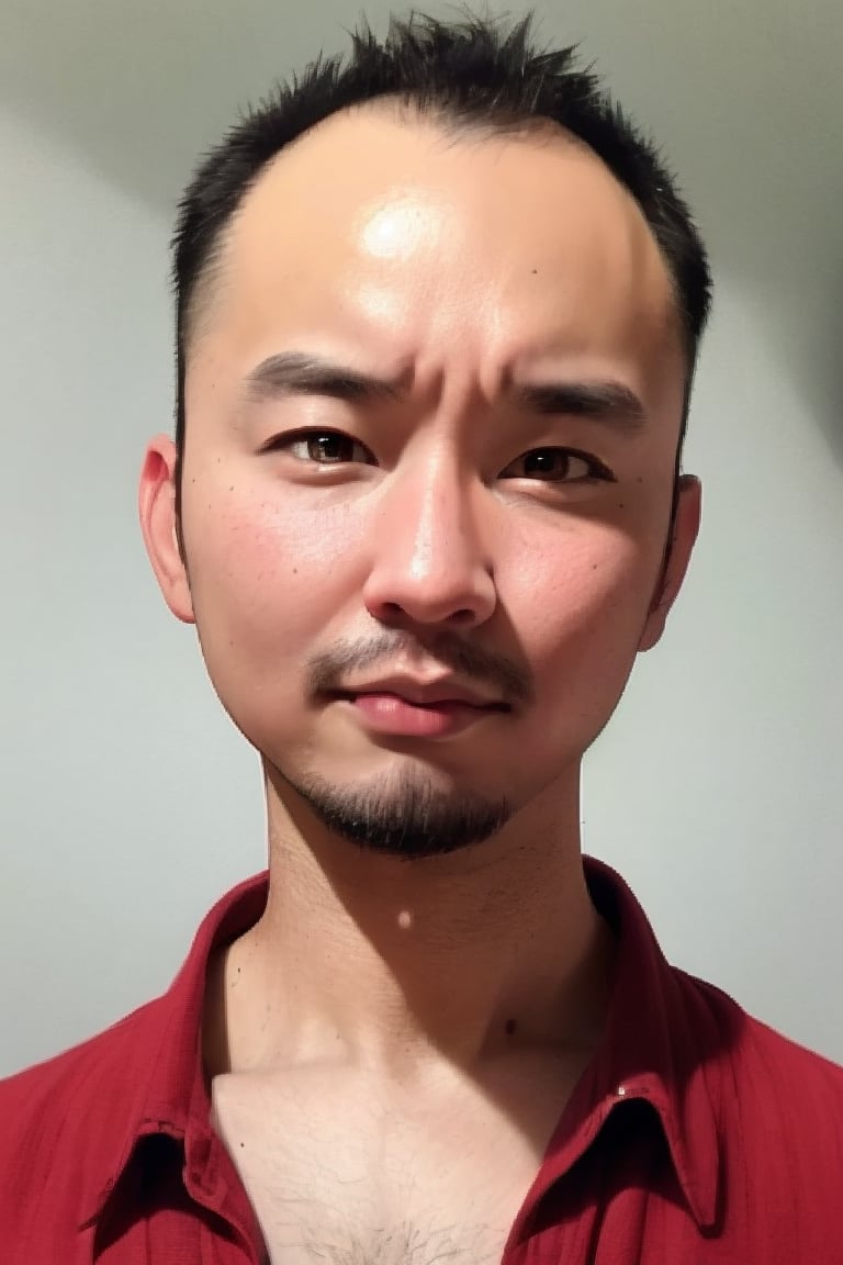 1boy, solo, looking at viewer, simple background, shirt, brown eyes, upper body, lips, portrait, (thin hair), wide forehead, little bald, short hair, rnhg