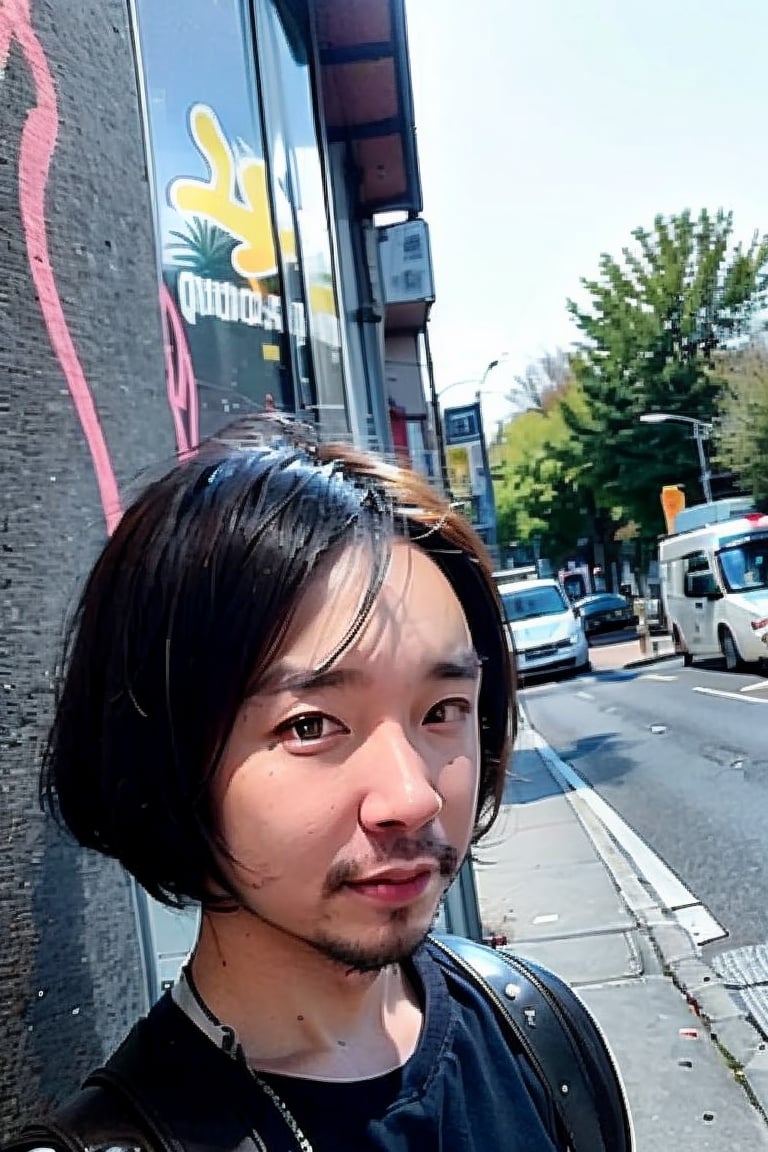 1boy, solo, brown eyes, portrait, looking at viewer, rnhg, (bobcut), 
urban setting, street fashion, confident pose, cityscape background, trendy clothing, graffiti walls