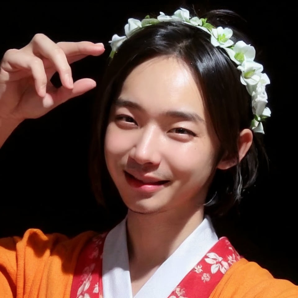 4k,best quality,masterpiece,20yo 1boy,(traditional Japanese costume, alluring smile, head ornaments 

(Beautiful and detailed eyes),
Detailed face, detailed eyes, double eyelids ,thin face, real hands, muscular fit body, semi visible abs, ((short hair with long locks:1.2)), black hair, black background,


real person, color splash style photo,
