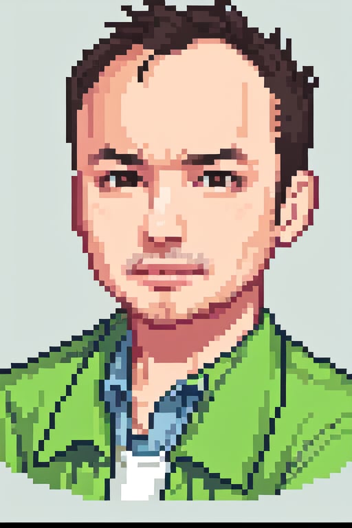 1boy, solo, looking at viewer, simple background, shirt, brown eyes, upper body, lips, portrait, (thin hair), wide forehead, little bald, short hair, rnhg,Pixel art