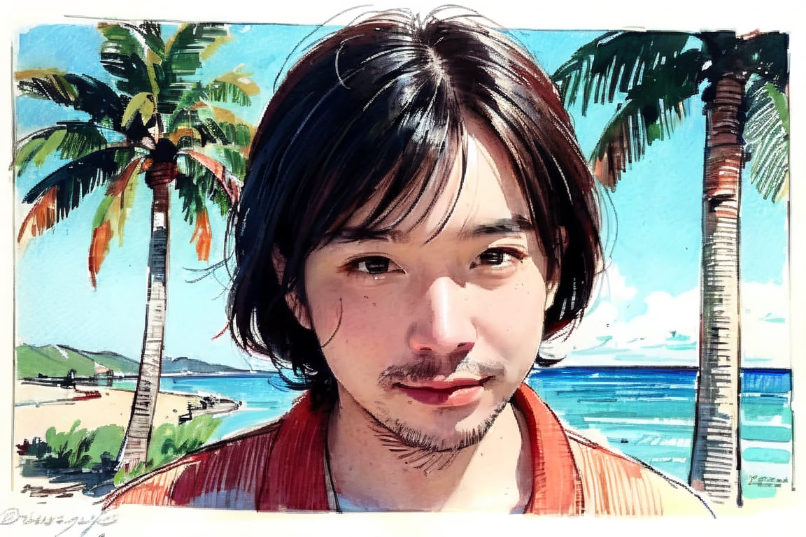 solo, looking at viewer, black hair, 1boy, closed mouth, upper body, male focus,, aloha shirt, palm trees, sandy beach, traditional media, facing viewer, realistic, rnhg ,sketch art,watercolor,rha30,fujimotostyle, (Thinning hair baldness)