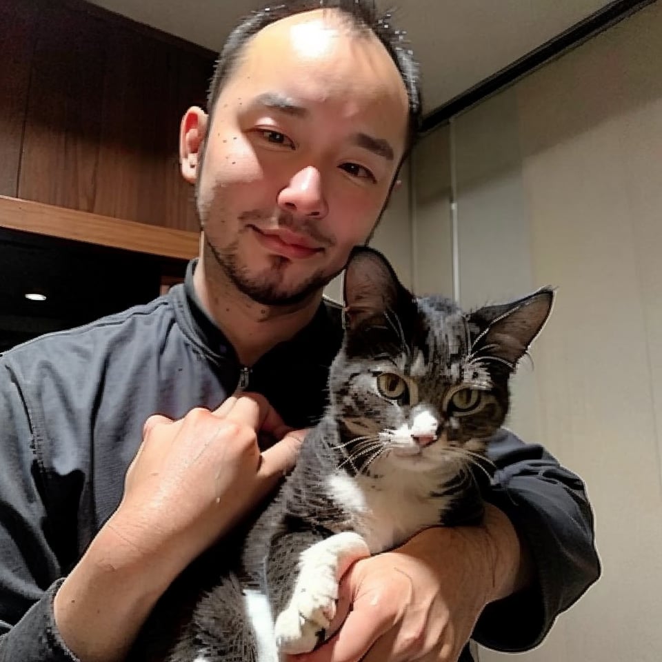 1boy, solo, brown eyes, portrait, rnhg, hugging a cat to his chest with both hands. (Thinning hair baldness), 