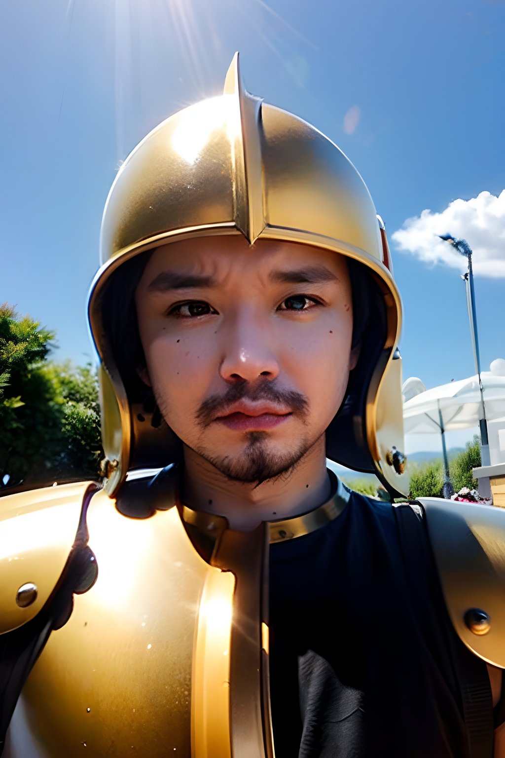 1boy, solo, brown eyes, portrait, looking at viewer, rnhg, golden armor, pose symbolizing courage, under the shining sun, paladin staring at the battlefield, sacred symbol