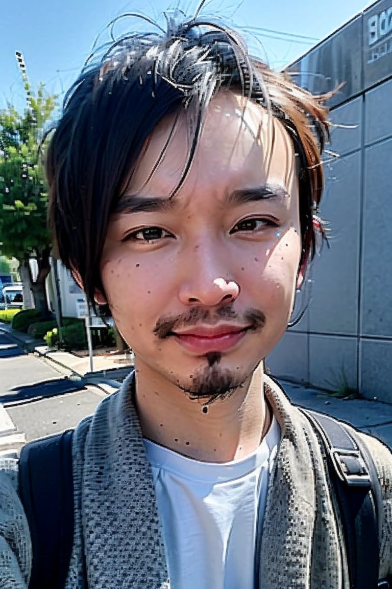 1boy, solo, brown eyes, portrait, looking at viewer, rnhg, (bobcut), 
urban setting, street fashion, confident pose, cityscape background, trendy clothing, graffiti walls