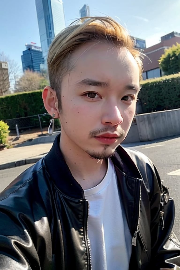 1boy, solo, brown eyes, lips, portrait,  wide forehead, rnhg , platinum blonde hair, sleek undercut, metallic bomber jacket, fingerless gloves, bold earrings, high-tech cityscape