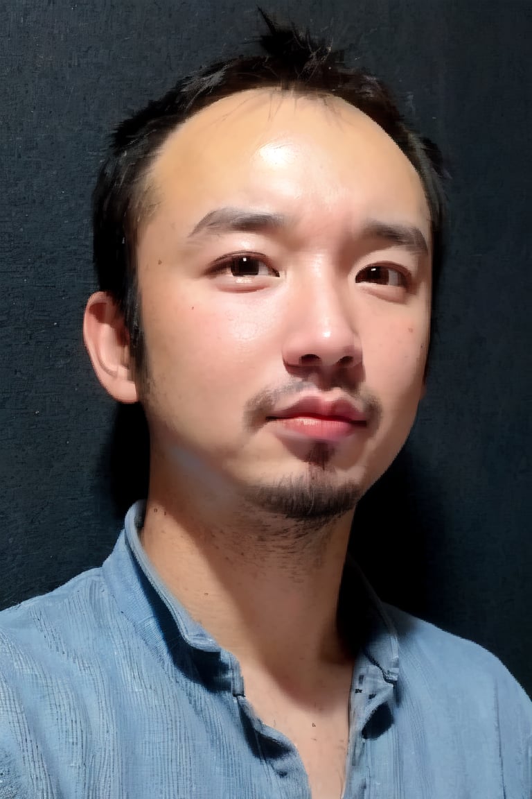 1boy, solo, looking at viewer, indigo blue background, shirt, brown eyes, upper body, lips, portrait, (thin hair), wide forehead, little bald, short hair, rnhg,