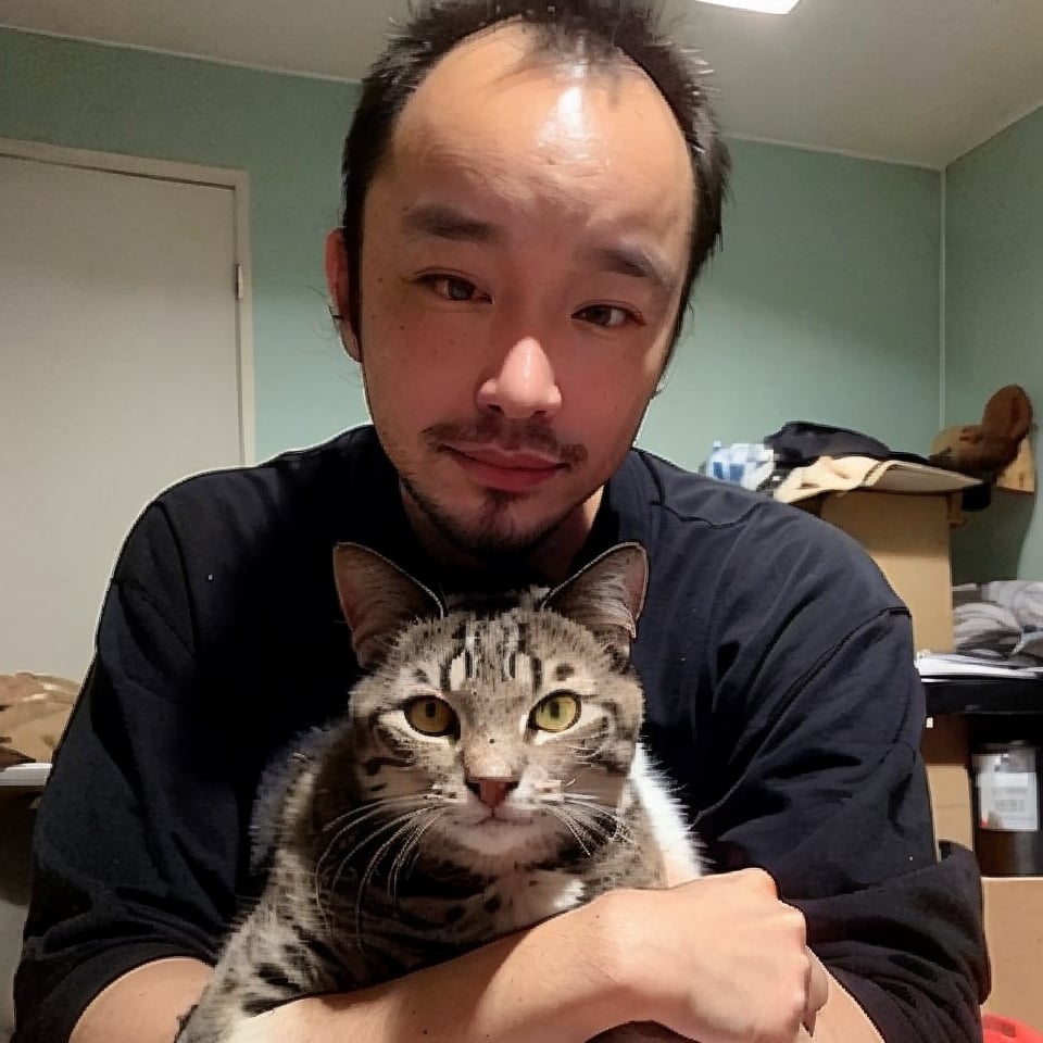 1boy, solo, brown eyes, portrait, rnhg, hugging a cat to his chest with both hands. (Thinning hair baldness), 