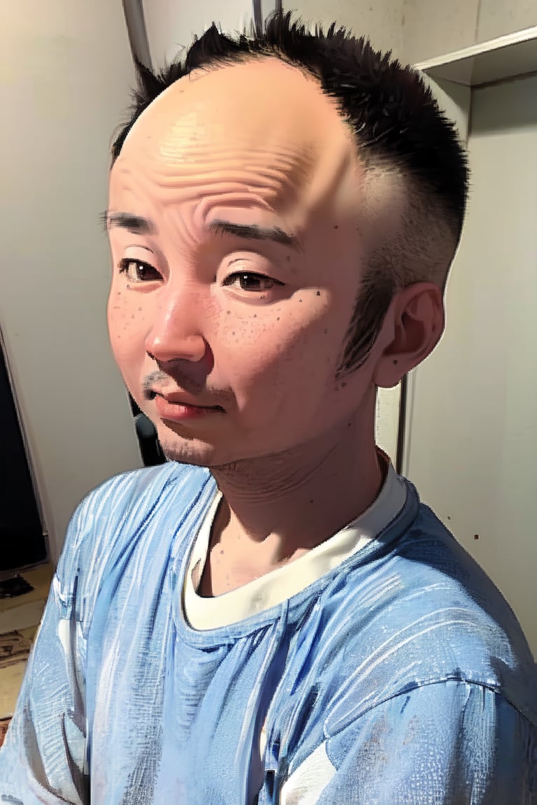 1boy, solo, looking at viewer, simple background, shirt, brown eyes, upper body, lips, portrait, (thin hair), wide forehead, little bald, short hair, rnhg