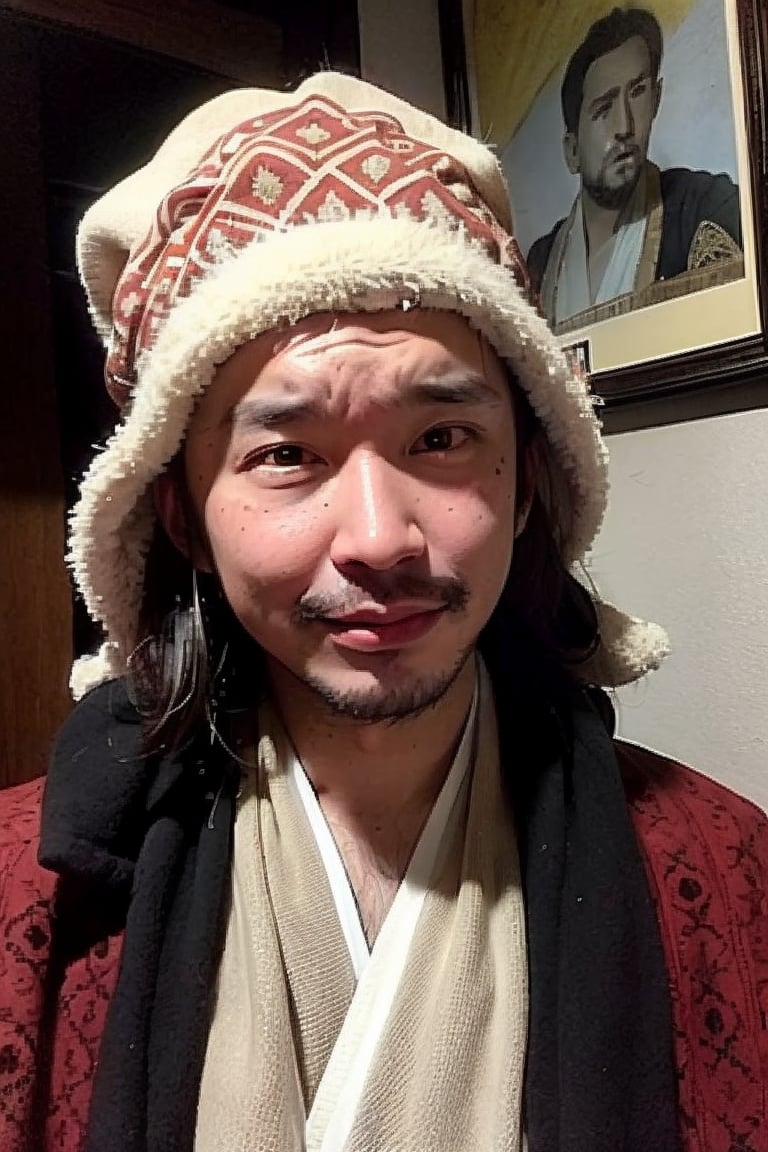 1boy, solo, brown eyes, lips, portrait,  wide forehead, rnhg , A man wearing a headscarf, traditional, cultural, ornate patterns, flowing robes, rich colors, intricate embroidery, desert, rugged, confident, timeless, ancient