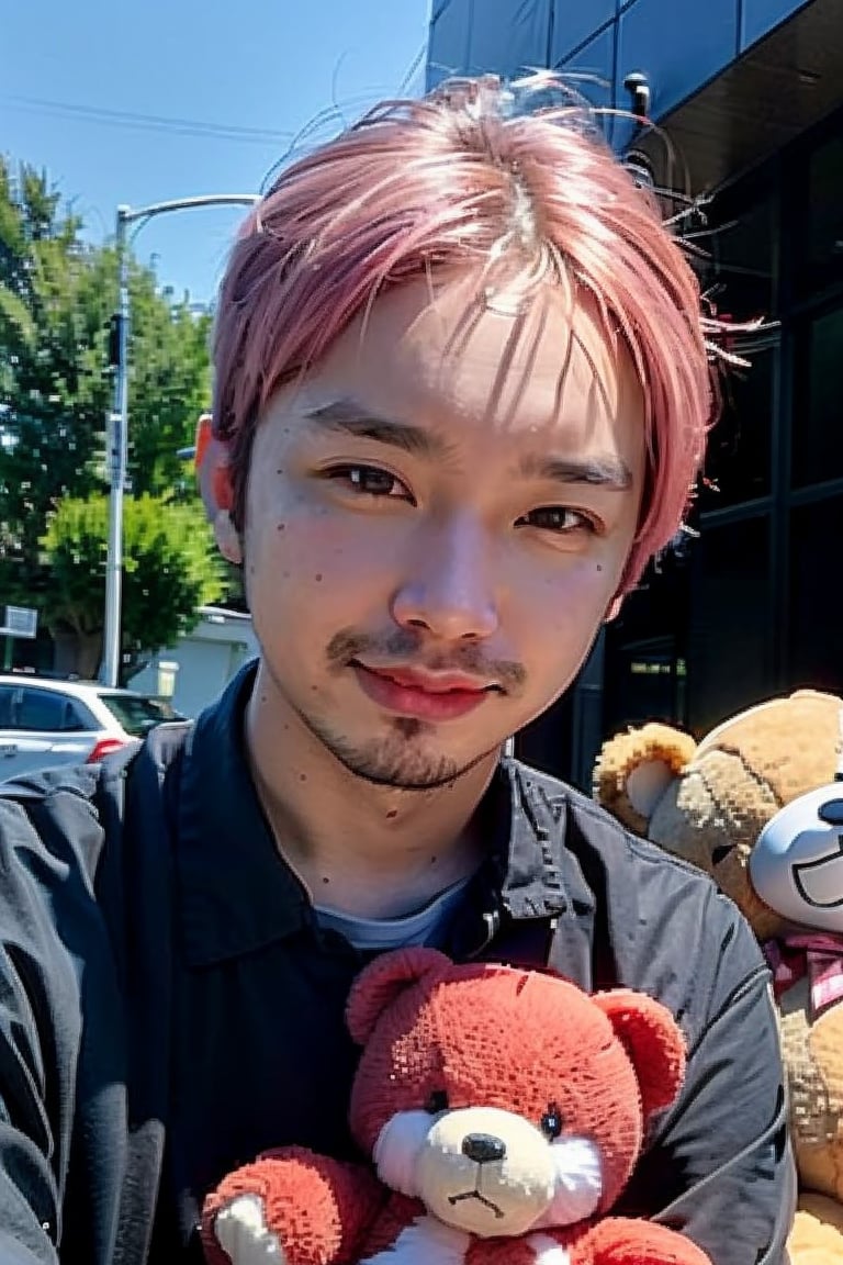 1boy, solo, brown eyes, portrait, looking at viewer, rnhg, ((Light pink hair)), holding a teddy bear, black collared shirt, park, blue sky