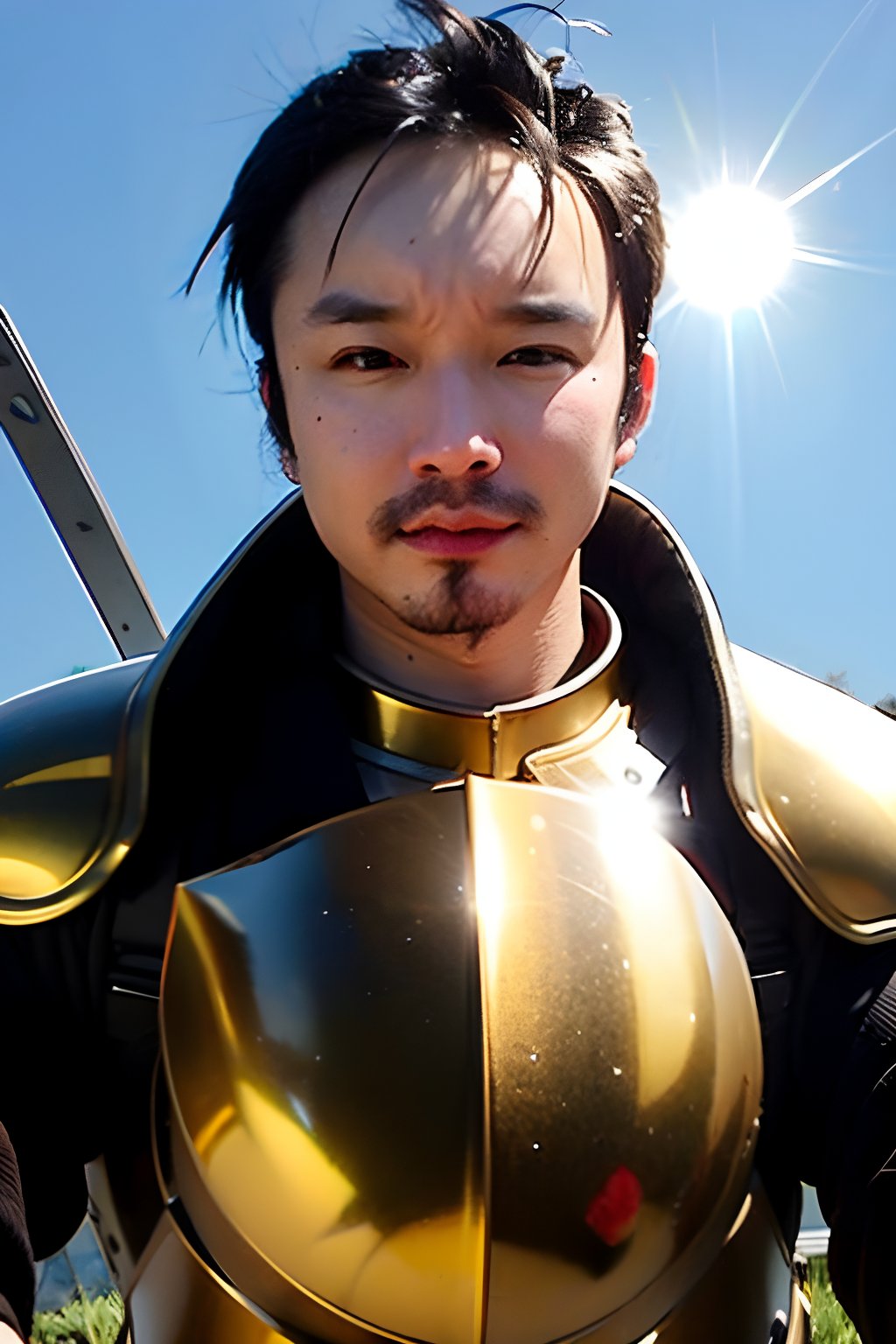 1boy, solo, brown eyes, portrait, looking at viewer, rnhg, golden armor, pose symbolizing courage, under the shining sun, paladin staring at the battlefield, sacred symbol