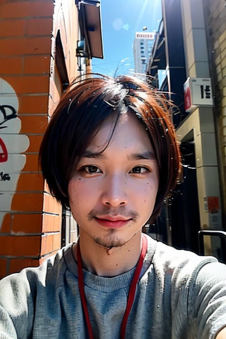 1boy, solo, brown eyes, portrait, looking at viewer, rnhg, (bobcut), 
urban setting, street fashion, confident pose, cityscape background, trendy clothing, graffiti walls