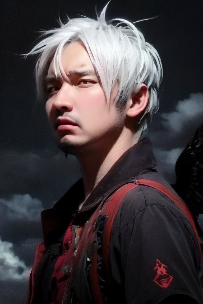 boy, solo, brown eyes, portrait, Dark seraph, male, red and black wings, intense eyes, battle-worn, night sky, ominous clouds, fierce and sorrowful, white hair