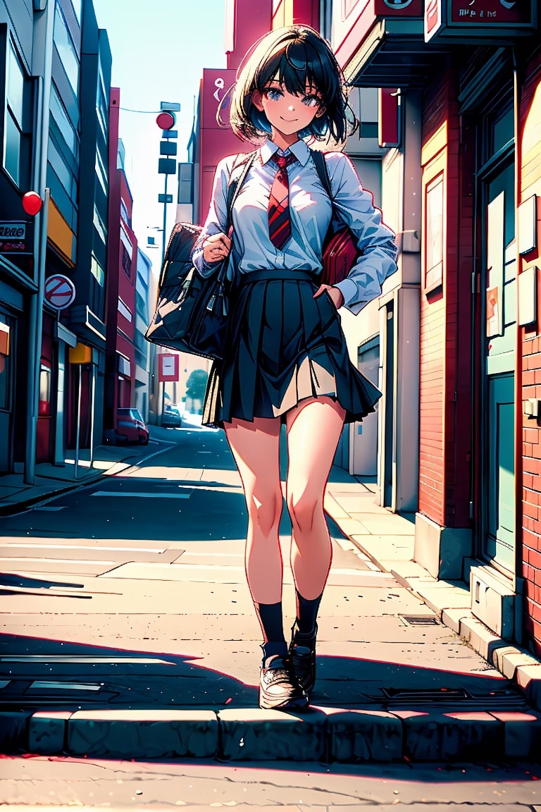 (masterpiece), best quality, high contrast, sharp focus, dropped shadow, realistic 8k photograph hdr, ultra detailed, colored, expressive eyes, perfect face, high school girl with athletic build, cool beauty, Shizuku, 18 years old, (pixel cut hair), (black school blazer), (red tie), (white shirt, collared shirt, long sleeves), (black pleated skirt), (school shoes), (ankle socks),  (walking along the street in a nieghborhood the afternoon, her bag on her hand), (standing full body), (standing full body), (feet visible), (street), (front view), (smile)
