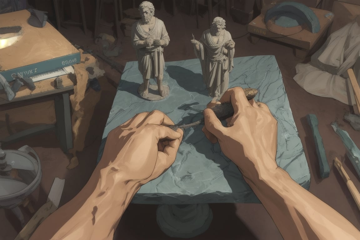 real hands using chisel and tools to carve statue of greek man in studio, pov hands, hands_pov, left and right hand, statue, 2 hands, pov_hands, hand_holding_chisel, greek statue,hands