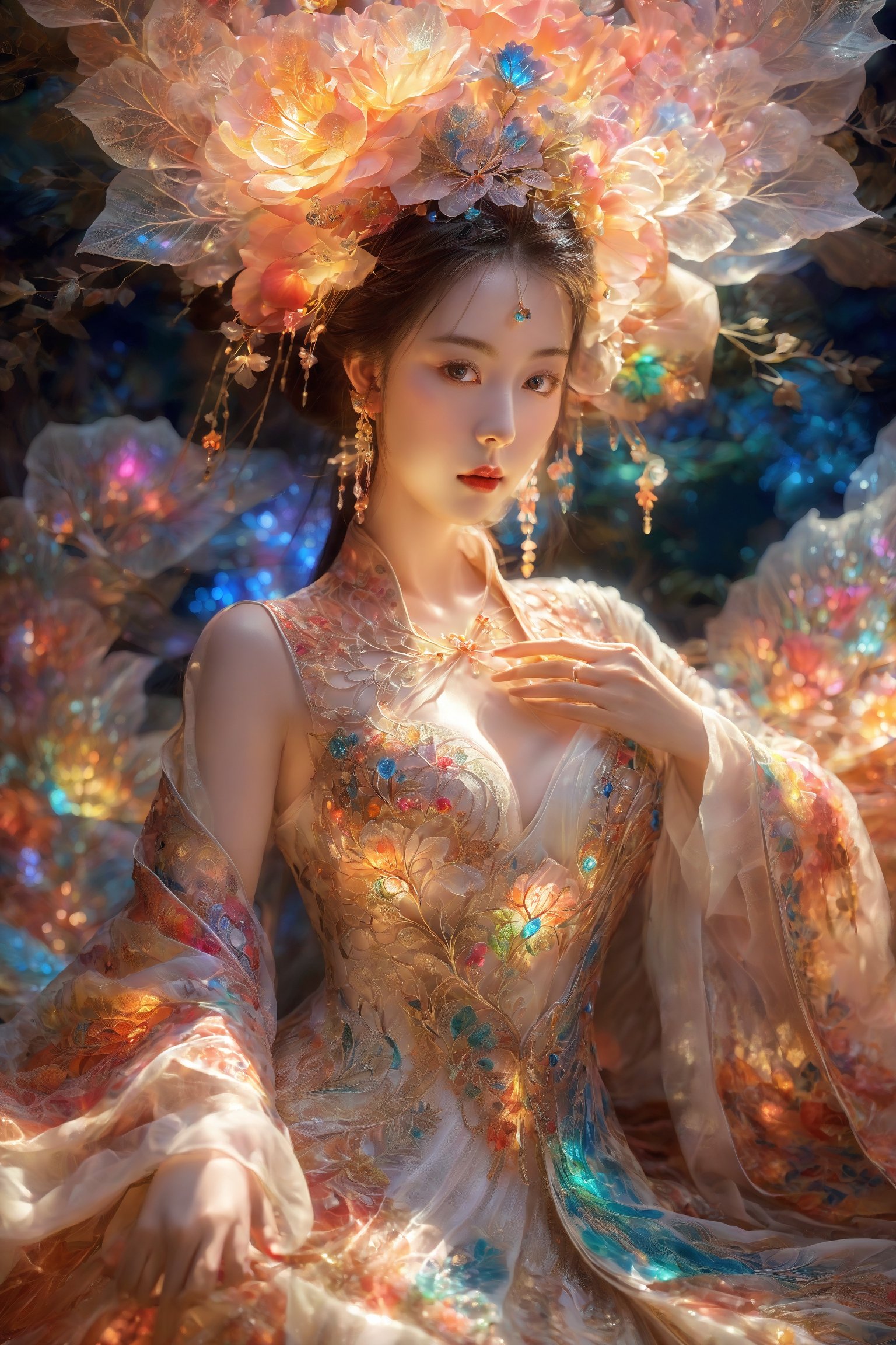 (Masterpiece, Top Quality, Best Quality, Official Art, Beauty and Aesthetic: 1.2), (1girl), Extremely Detailed, (Abstract, Fractal Art: 1.3), Supreme Detailed, Detailed Eyes, Colorful Light Particles, Hanfu, Colorful jewelry, sexy, (nsfw),