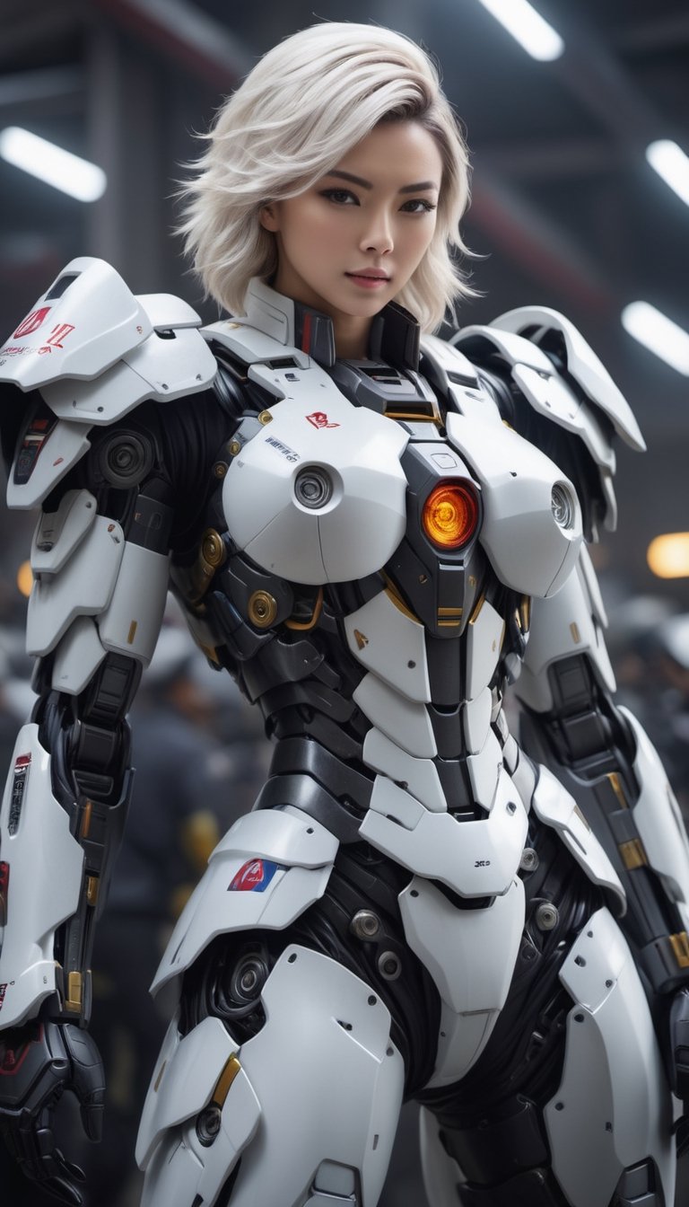 Best quality, original photos,
(Gundam and the cute young white-haired Japanese female operator: 1.2), big breasts,
The female officer standing in the foreground,
Behind it stands a heavy armored battle robot,
Huge, cybertoid, look cam, full body, bold lines, very detailed,
(realistic: 1.4), (interior lighting: 1.4) (fractal: 0.1),
white, sharp focus, masterpiece, high quality,
Shallow depth of field detailed background,
The background is a blurry heavy industry science fiction scene,
convey depth and complexity