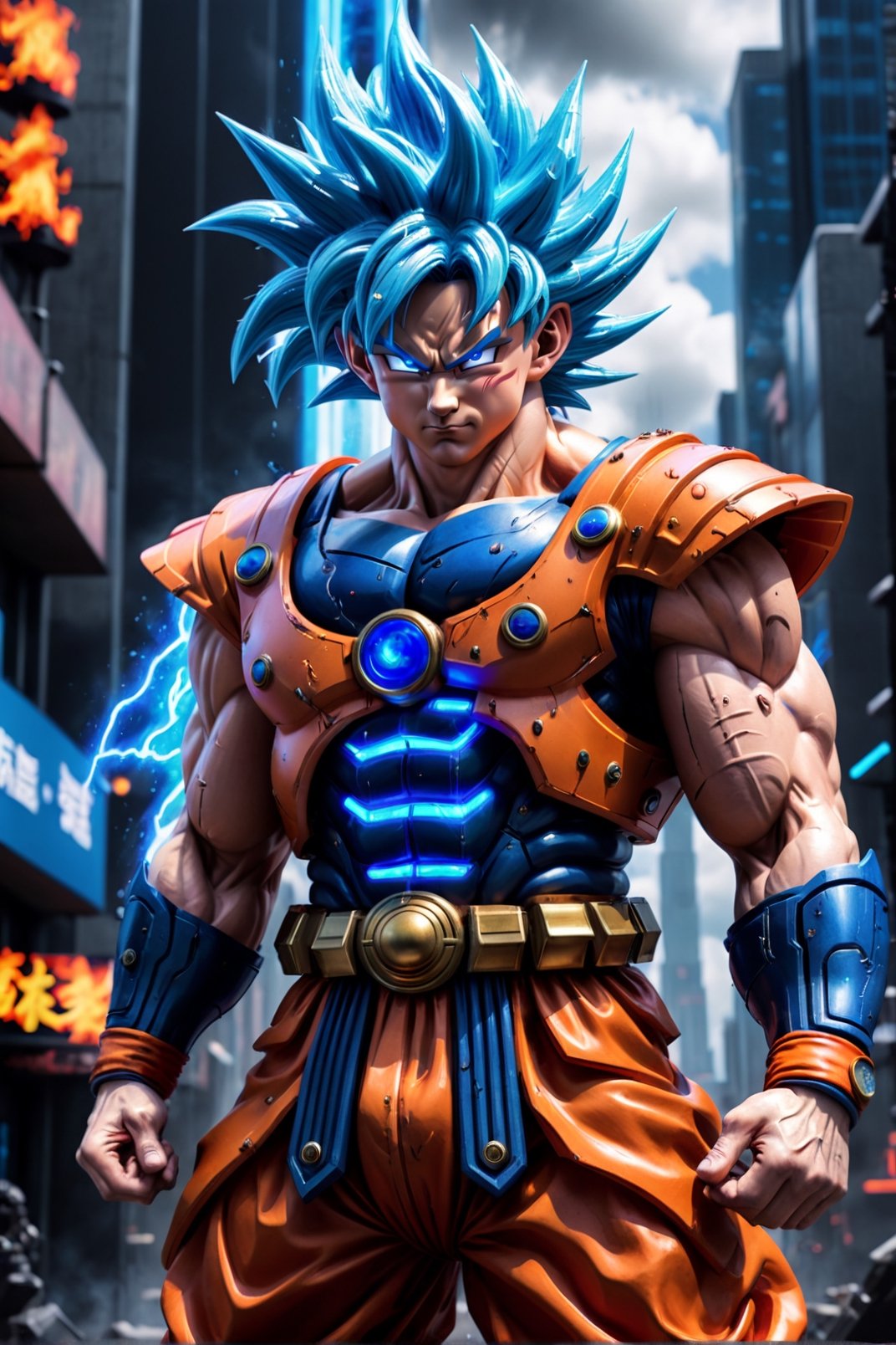 Super detailed live-action Dragon Ball Goku, strong exaggerated body, surrounded by blue energy, wearing armor, cyberpunk city, movie environment.