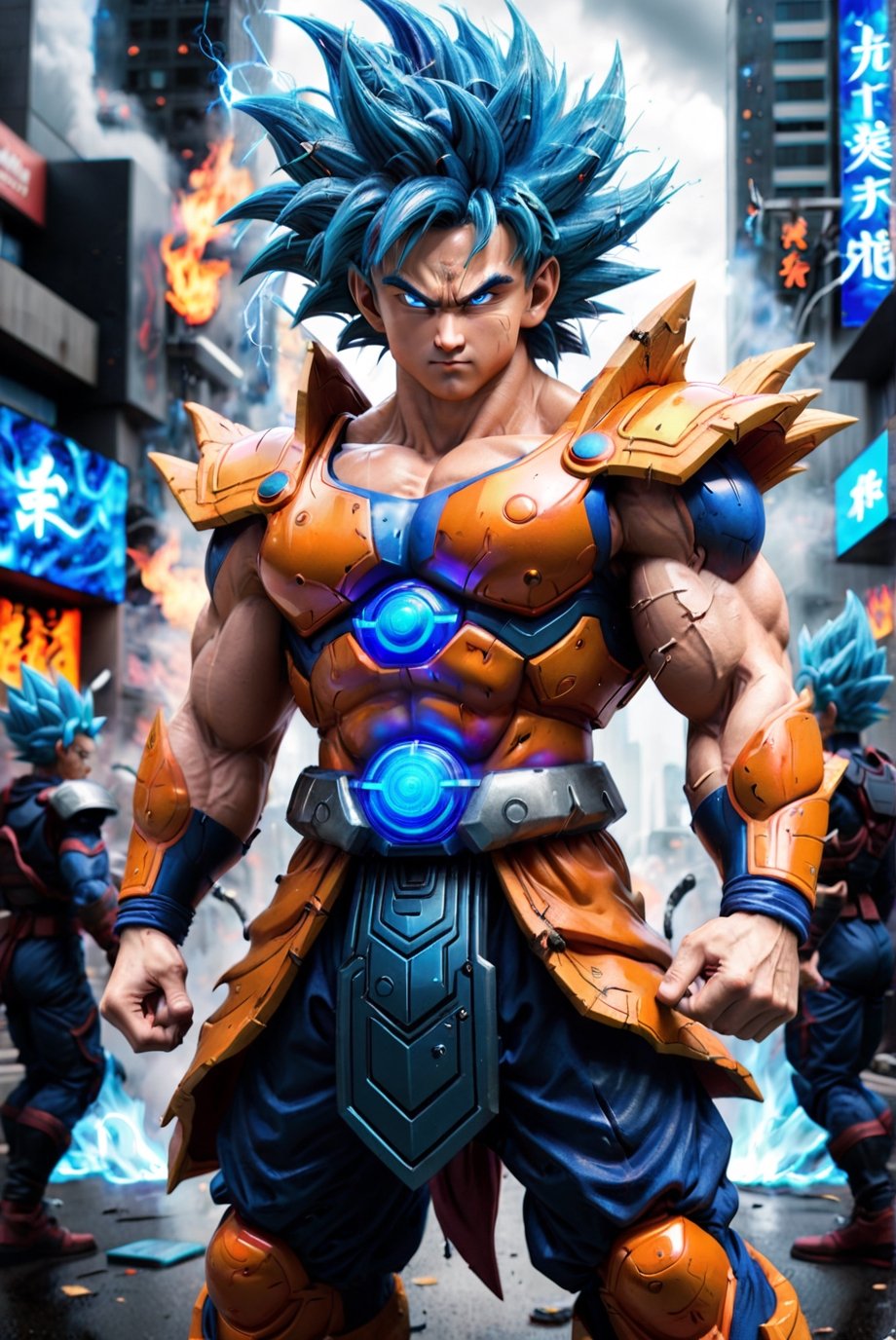 Super detailed live-action Dragon Ball Goku, strong exaggerated body, surrounded by blue energy, wearing armor, cyberpunk city, movie environment.