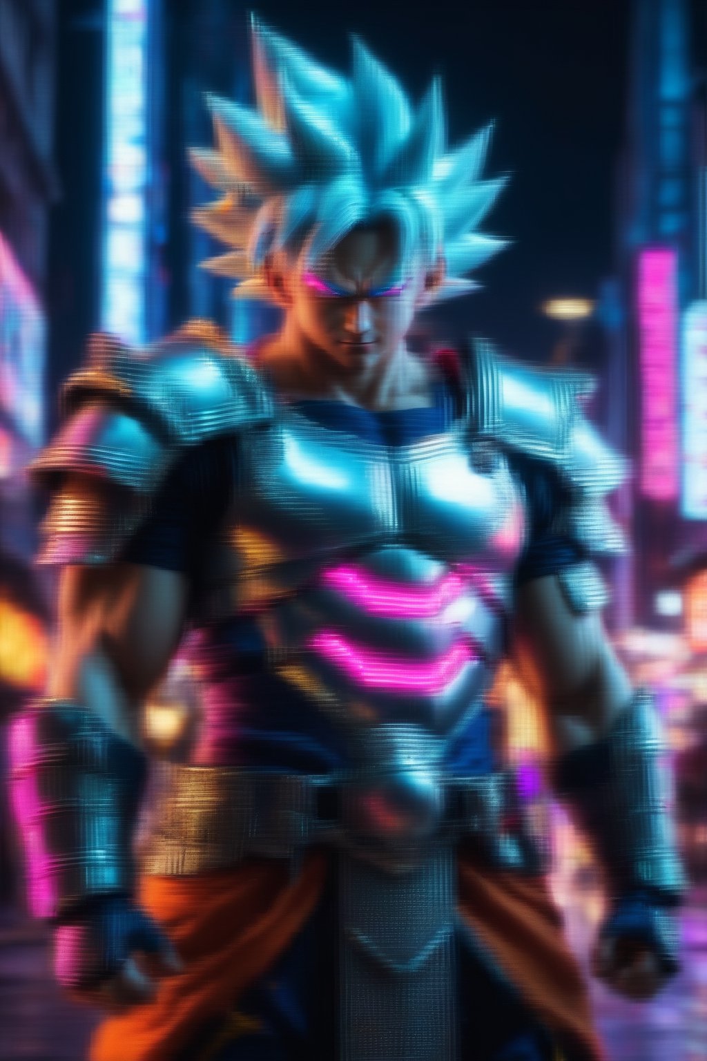 Dragon Ball Goku, wearing medieval armor, cyberpunk city, under neon lights.