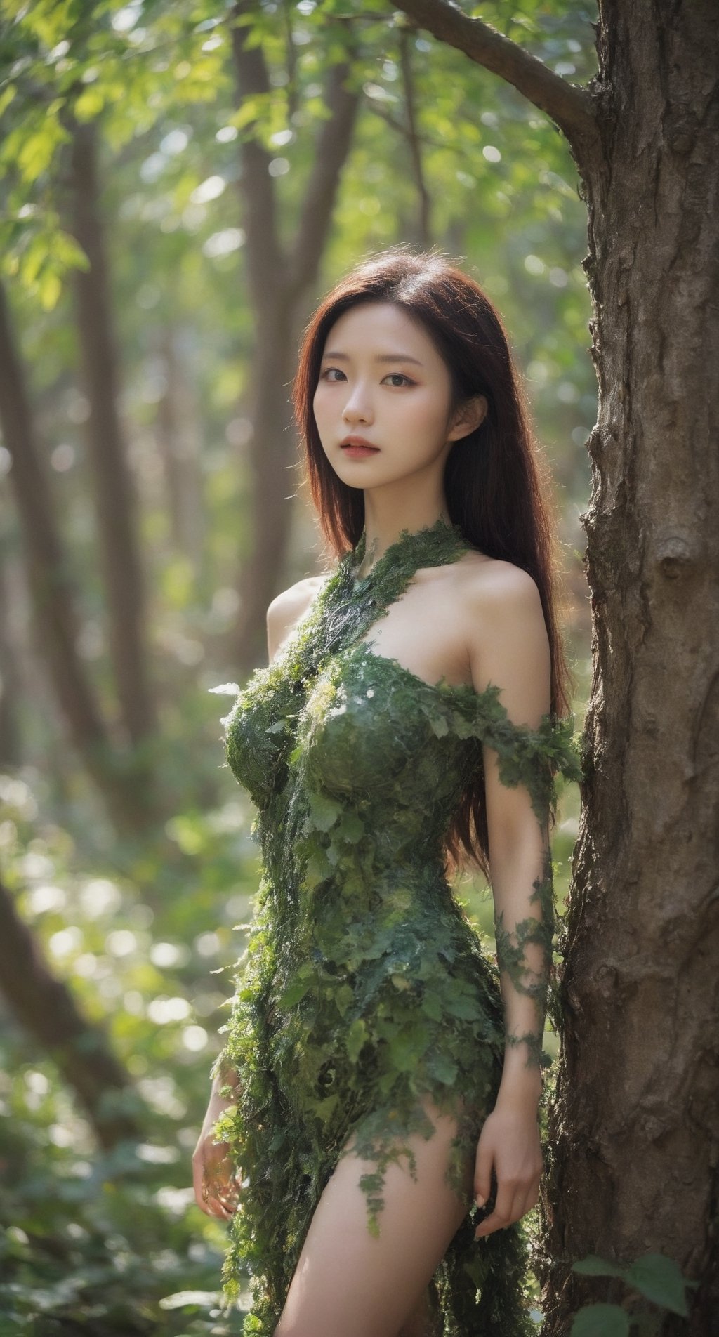 China, nude, big breasts, a fashionable and mysterious tree spirit, her body combines nature and technology, standing in the digital landscape. The image is a digital painting with vibrant colors and intricate details. Her skin is a shimmering mix of tree bark and flowers and circuits, and her hair is a cascade of glowing vines. Her eyes are piercing green and seem to hold the secrets of the digital world. She wears a cloak made of pixelated leaves, symbolizing her connection to both nature and the virtual realm. This stunning image captures the essence of the modern dryad, a being of beauty and power, LinkGirl, FilmGirl, Kwon Nara, Korea, snowbunnys