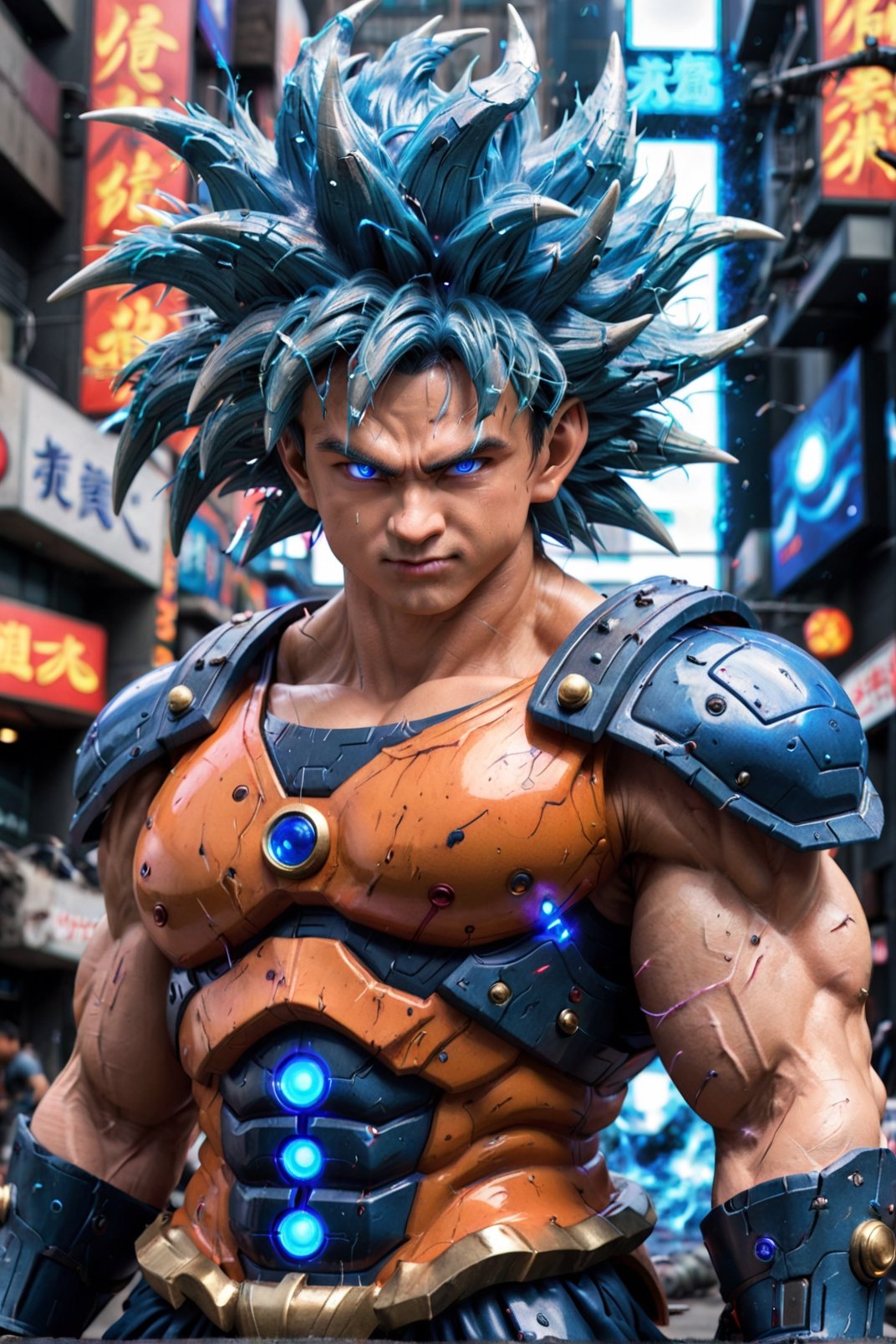 Super detailed live-action Dragon Ball Goku, strong exaggerated body, surrounded by blue energy, wearing armor, cyberpunk city, movie environment.