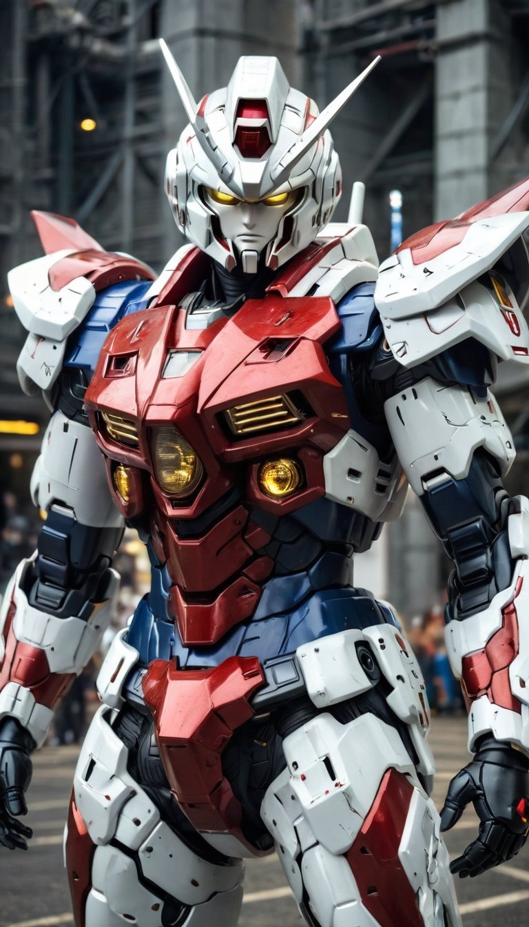 Best quality, original photos,
(Red, white and black Gundam and cute young white-haired Japanese male operator: 1.2),
The male officer standing at the front,
Behind it stands a red, blue and yellow heavy armored combat robot.
Huge, cybertoid, watch cam, full body, bold lines, very detailed,
(real: 1.4), (internal illumination: 1.4) (fractal: 0.1),
white, sharp focus, masterpiece, high quality,
Shallow depth of field detailed background,
The background is a blurry heavy industry science fiction scene,
convey depth and complexity