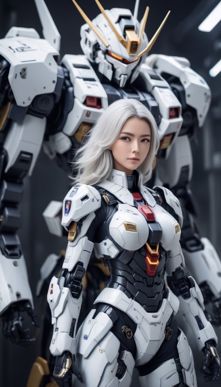 Best quality, original photos,
(Gundam and the cute young white-haired Japanese female operator: 1.2), big breasts,
The female officer standing in the foreground,
Behind it stands a heavy armored battle robot,
Huge, cybertoid, look cam, full body, bold lines, very detailed,
(realistic: 1.4), (interior lighting: 1.4) (fractal: 0.1),
white, sharp focus, masterpiece, high quality,
Shallow depth of field detailed background,
The background is a blurry heavy industry science fiction scene,
convey depth and complexity