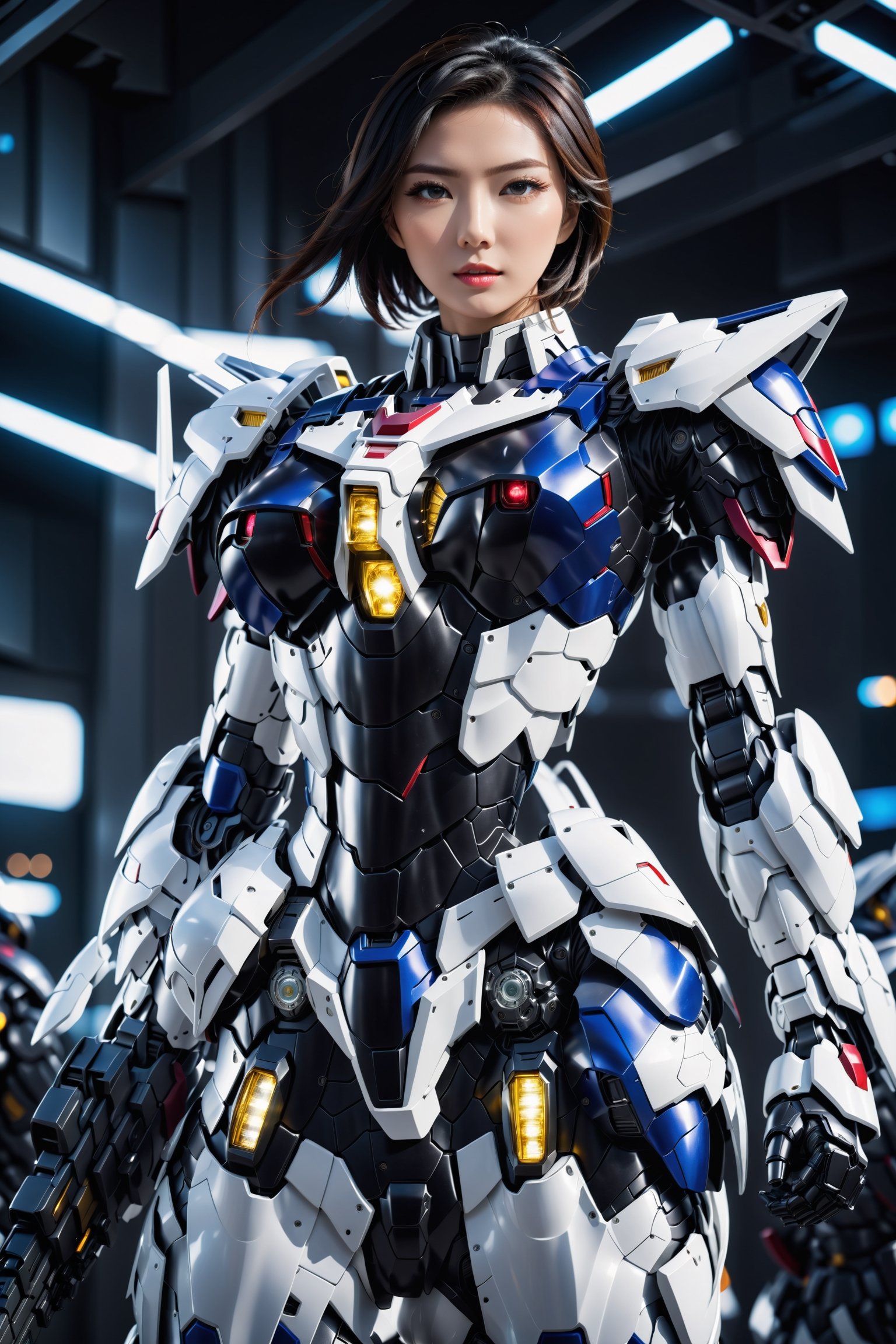 Best quality, original photos,
(Black and white Gundam and cute young Japanese female operator: 1.2) Big breasts,
The female officer standing at the front,
Behind it stood a heavily armored battle robot.
Huge, cybertoid, watch cam, full body, bold lines, very detailed,
(real: 1.4), (internal illumination: 1.4) (fractal: 0.1),
white, sharp focus, masterpiece, high quality,
Shallow depth of field detailed background,
The background is a blurry science fiction scene,
convey depth and complexity