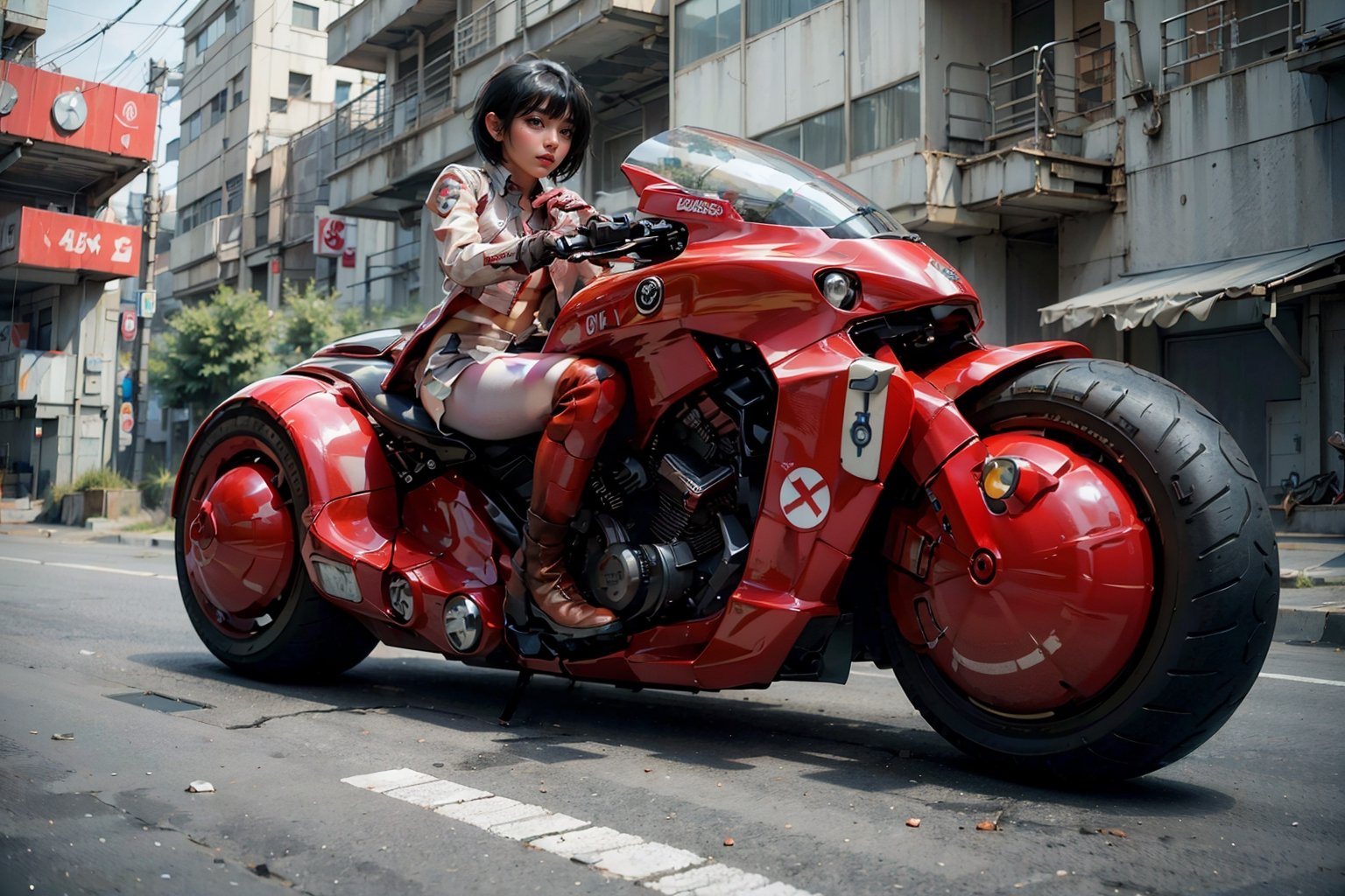 (Realistic, Photorealistic: 1.3), Original, Masterpiece, 16K, High Contrast, (Highest Resolution Illustration), Photorealistic: 1.3, Side Light, ((Exquisite Details and Textures)), Cinematic Shot, Ultra Realistic Photo, Siena Natural Proportions, Full Body View, ((White Short Hair, Bangs)), ((1 Girl on a White Motorcycle, Wearing a Red and White Armored Tight Leather Jacket)), Detailed Face, Abdomen, ((Perfect Details Kaneda Motorcycle)), (AKIRA), Cyberpunk City Night, ((Futuristic)), sprbk