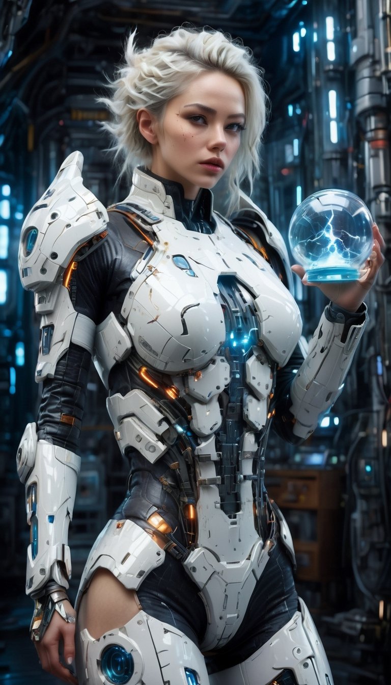 1girl, woman in high-tech space suit, through transparent visor,A look of relief,
beautiful face visible through transparent visor, white gloves, intricate blue mechanical vial,((holding jar containing lightning)), elaborate spaceship background,photo_b00ster,sad. 1 girl, huge breasts, huge body, messy white hair, realistic, perfect murge, 
,Mecha body,Young beauty spirit .Best Quality, photorealistic, ultra-detailed, finely detailed, high resolution, perfect dynamic composition, sharp-focus,b3rli,dongtan dress,mature female,naked bandage