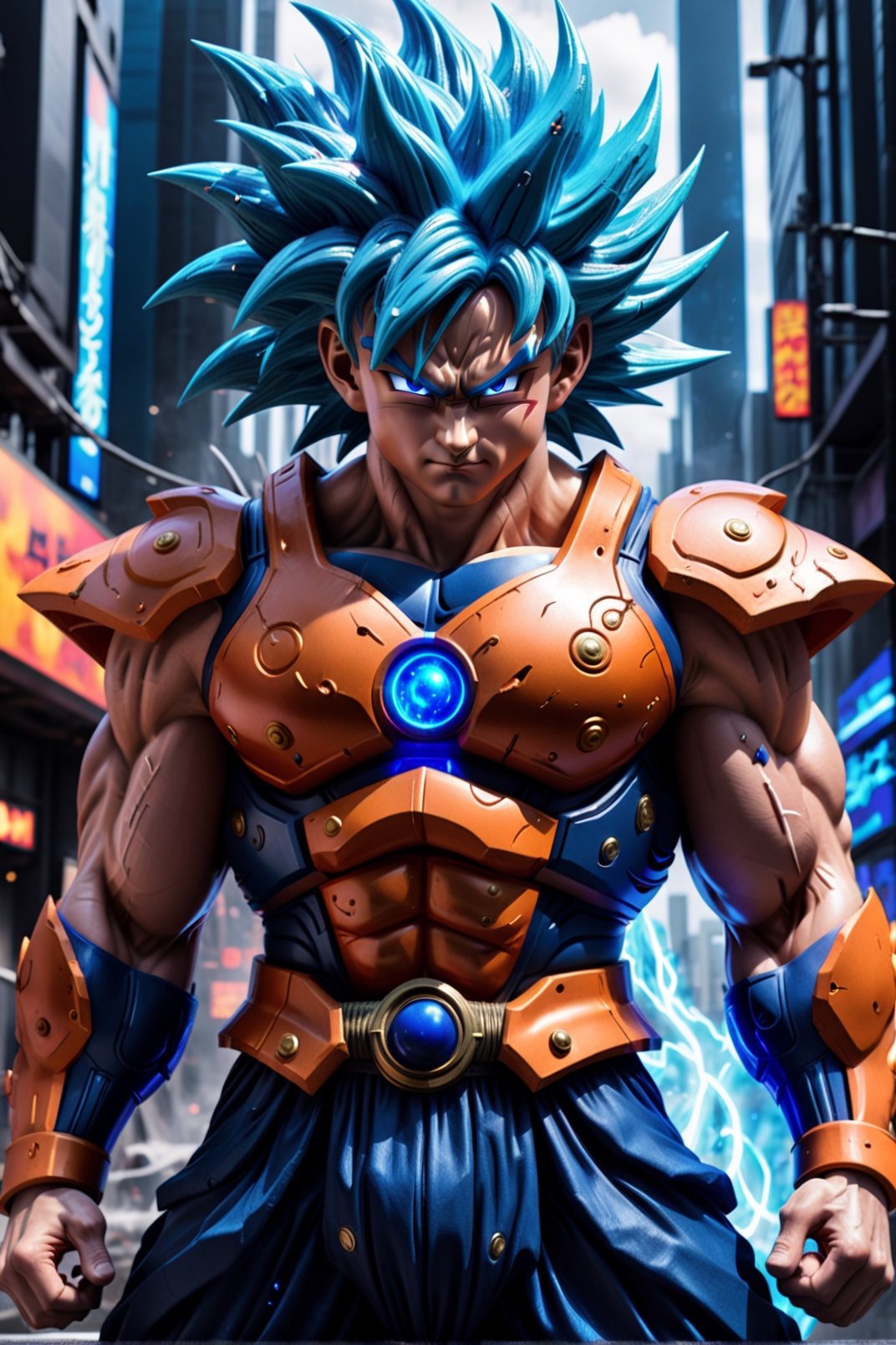 Super detailed live-action Dragon Ball Goku, strong exaggerated body, surrounded by blue energy, wearing armor, cyberpunk city, movie environment.