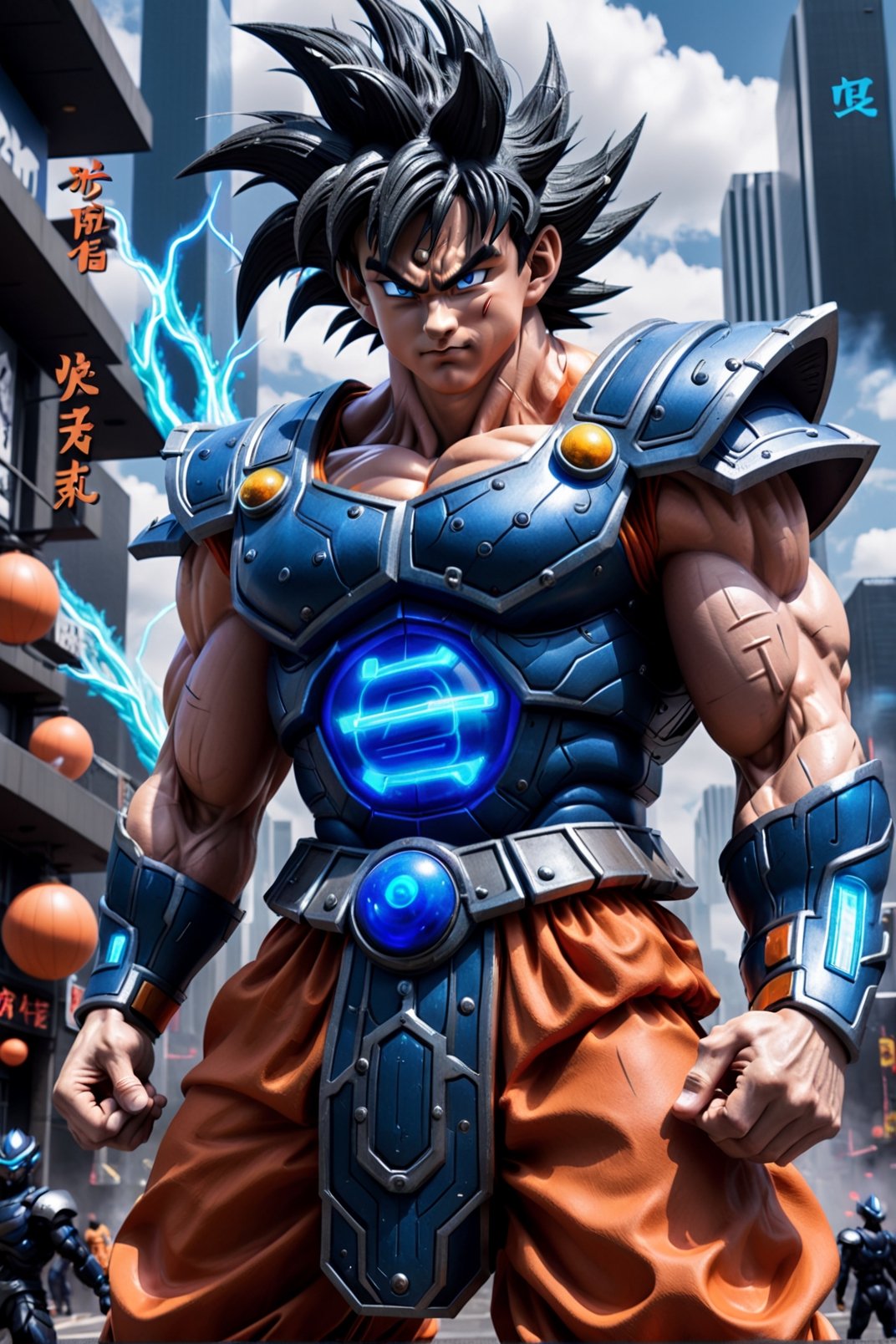 Super detailed live-action Dragon Ball Goku, strong exaggerated body, surrounded by blue energy, wearing armor, cyberpunk city, movie environment.