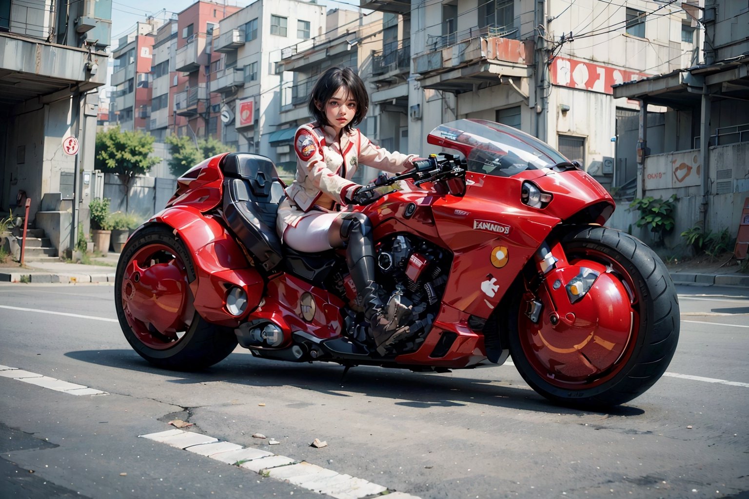 (Realistic, Photorealistic: 1.3), Original, Masterpiece, 16K, High Contrast, (Highest Resolution Illustration), Photorealistic: 1.3, Side Light, ((Exquisite Details and Textures)), Cinematic Shot, Ultra Realistic Photo, Siena Natural Proportions, Full Body View, ((White Short Hair, Bangs)), ((1 Girl on a White Motorcycle, Wearing a Red and White Armored Tight Leather Jacket)), Detailed Face, Abdomen, ((Perfect Details Kaneda Motorcycle)), (AKIRA), Cyberpunk City Night, ((Futuristic)), sprbk