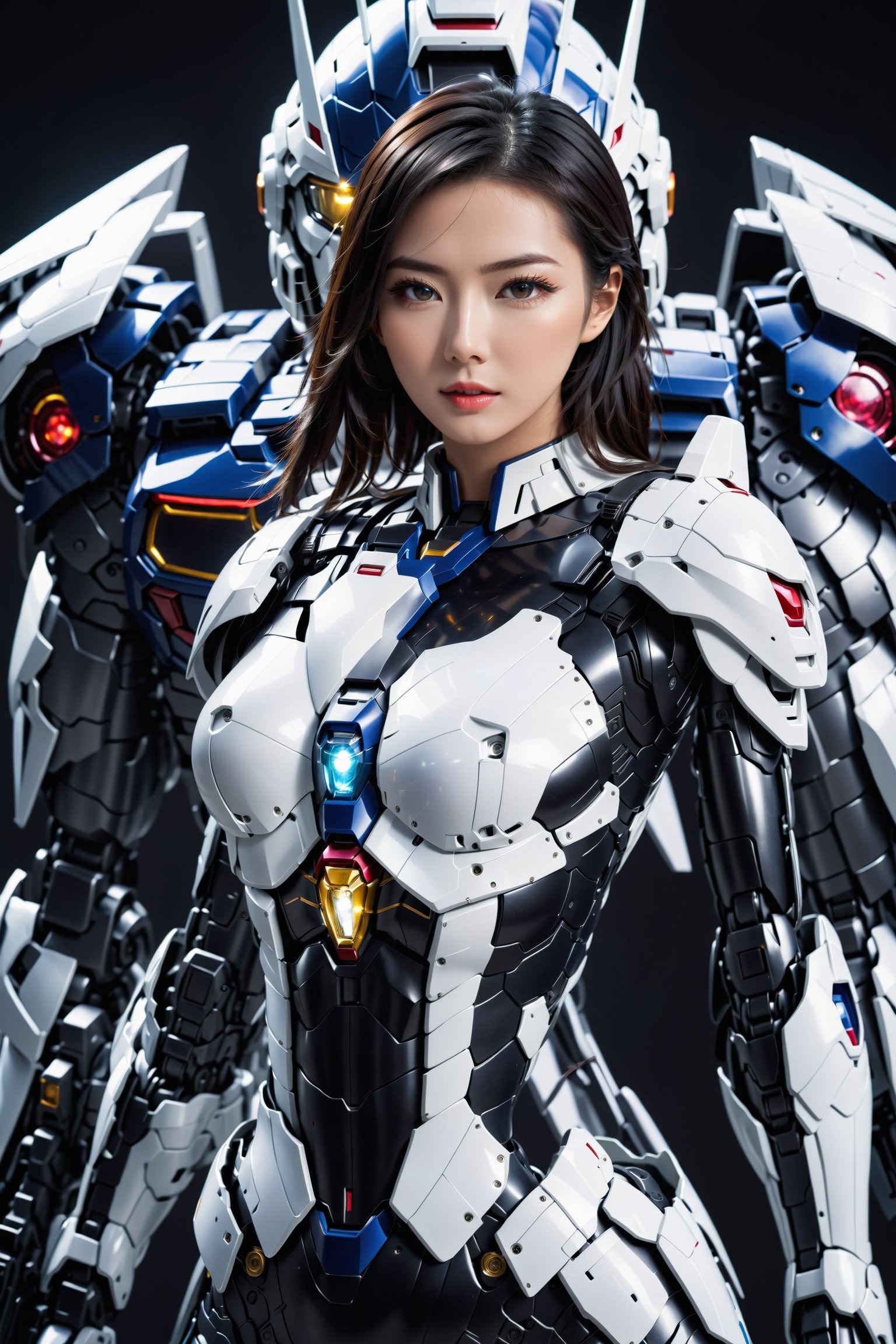 Best quality, original photos,
(Black and white Gundam and cute young Japanese female operator: 1.2) Big breasts,
The female officer standing at the front,
Behind it stood a heavily armored battle robot.
Huge, cybertoid, watch cam, full body, bold lines, very detailed,
(real: 1.4), (internal illumination: 1.4) (fractal: 0.1),
white, sharp focus, masterpiece, high quality,
Shallow depth of field detailed background,
The background is a blurry science fiction scene,
convey depth and complexity