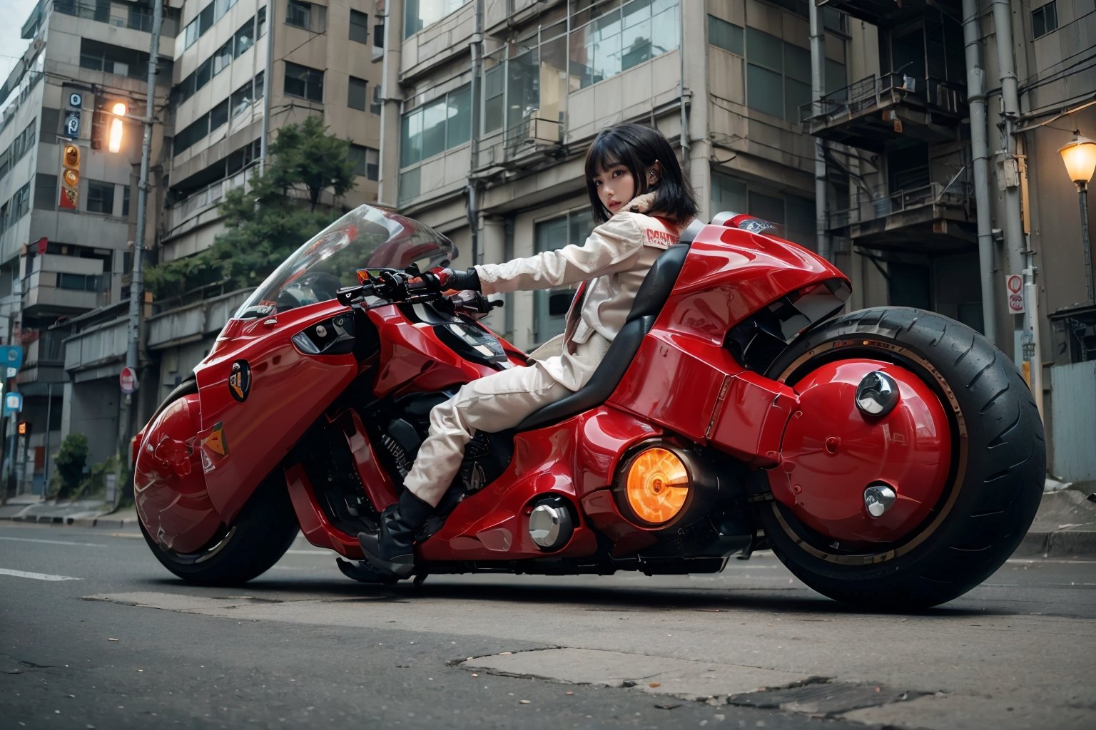 (Realistic, Photorealistic: 1.3), Original, Masterpiece, 16K, High Contrast, (Highest Resolution Illustration), Photorealistic: 1.3, Side Light, ((Exquisite Details and Textures)), Cinematic Shot, Ultra Realistic Photo, Siena Natural Proportions, Full Body View, ((Long White Hair, Bangs)), ((1 Girl on a White Motorcycle, Wearing a Tight Red and White Leather Jacket)), Detailed Face, Abdomen, ((Kaneda Motorcycle in Perfect Detail)), (AKIRA), Cyberpunk City at Night, ((Futuristic)), sprbk