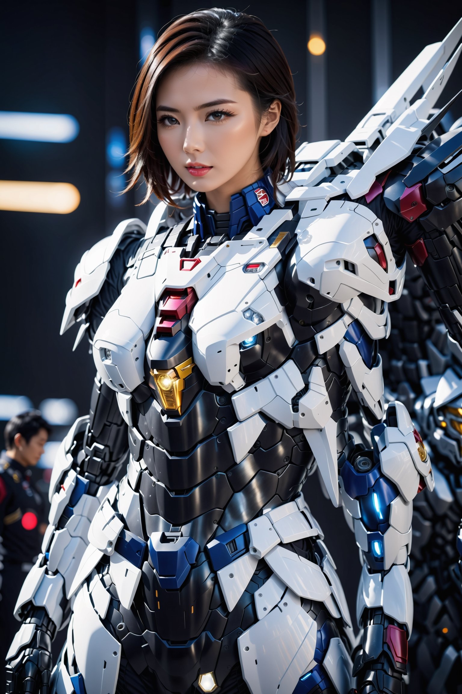 Best quality, original photos,
(Black and white Gundam and cute young Japanese female operator: 1.2) Big breasts,
The female officer standing at the front,
Behind it stood a heavily armored battle robot.
Huge, cybertoid, watch cam, full body, bold lines, very detailed,
(real: 1.4), (internal illumination: 1.4) (fractal: 0.1),
white, sharp focus, masterpiece, high quality,
Shallow depth of field detailed background,
The background is a blurry science fiction scene,
convey depth and complexity